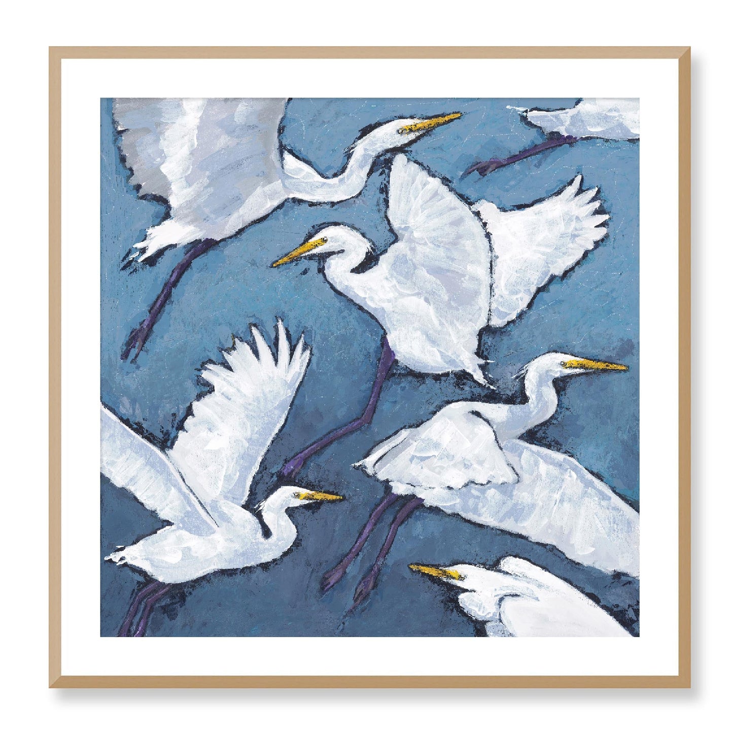 Framed Fine Art Print, White Mat - 12x12 16x16 20x20 24x24 28x28 32x32 36x36 40x40 inches | White Herons in Acrylic, FPS-1020-001, Prints, Fine art, Natural Frame, 81 x 81 cm ,32 x 32 inches