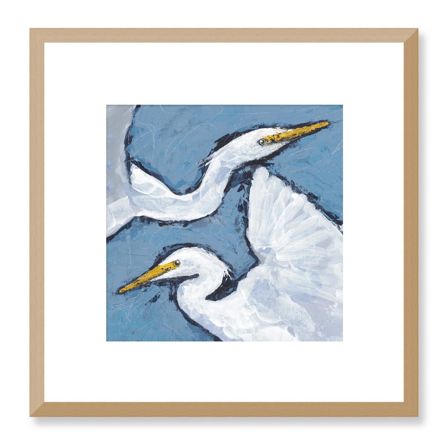 Framed Fine Art Print, White Mat - 12x12 16x16 20x20 24x24 28x28 32x32 36x36 40x40 inches | Heron Pair in Acrylic, FPS-1020-002, Prints, Fine art, Natural Frame, 30 x 30 cm ,12 x 12 inches