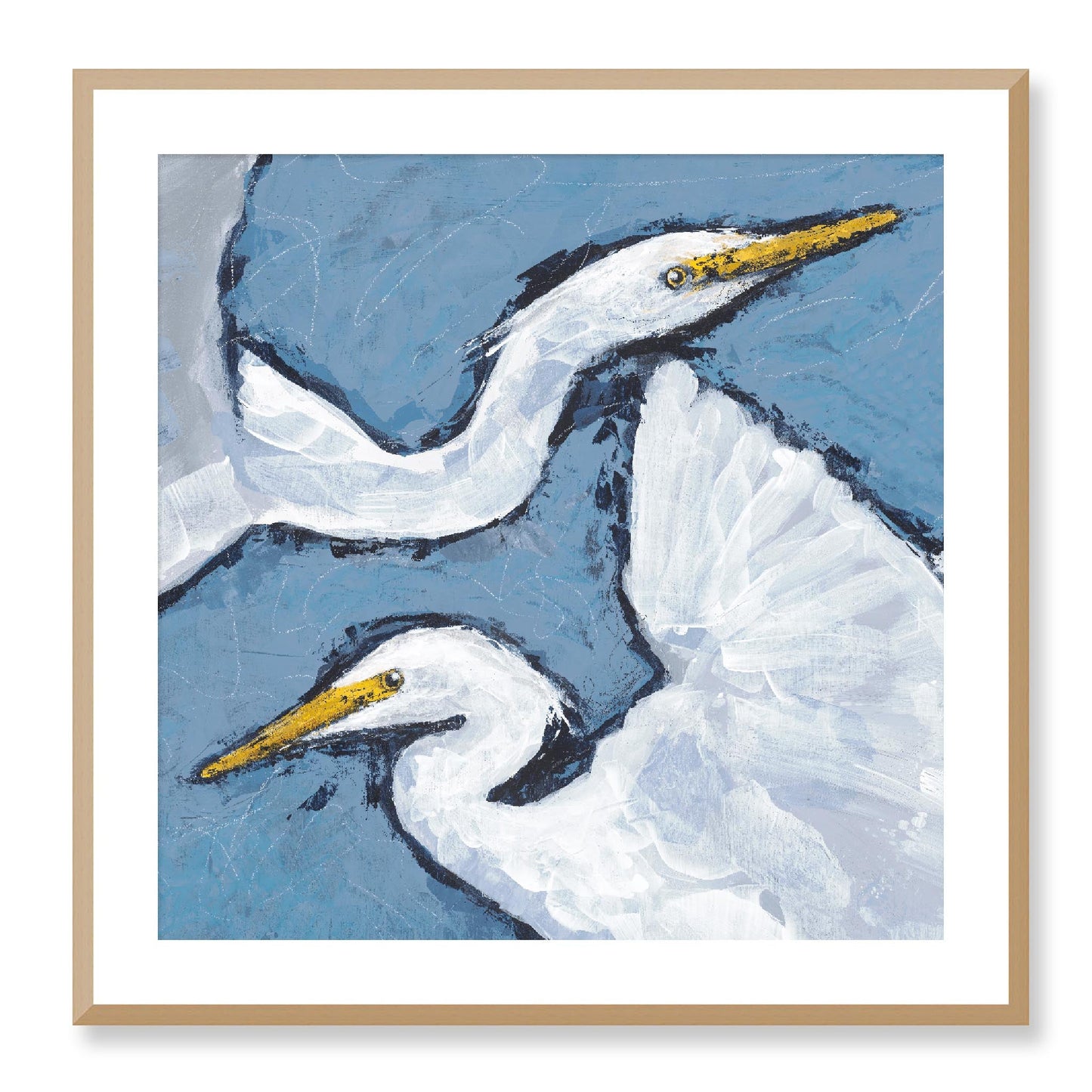 Framed Fine Art Print, White Mat - 12x12 16x16 20x20 24x24 28x28 32x32 36x36 40x40 inches | Heron Pair in Acrylic, FPS-1020-002, Prints, Fine art, Natural Frame, 71 x 71 cm ,28 x 28 inches