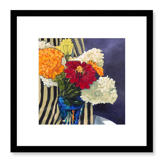 Framed Fine Art Print, White Mat - 12x12 16x16 20x20 24x24 28x28 32x32 36x36 40x40 inches | Hydrangeas & Zinnias in Acrylic, FPS-1030, Prints, Fine art, Black Frame, 30 x 30 cm ,12 x 12 inches