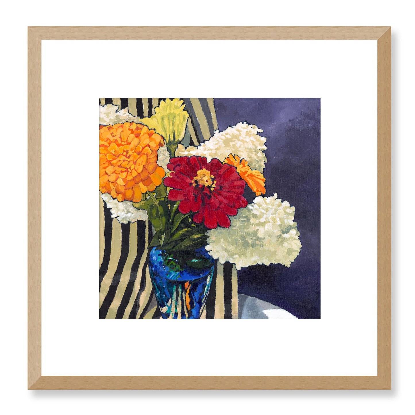 Framed Fine Art Print, White Mat - 12x12 16x16 20x20 24x24 28x28 32x32 36x36 40x40 inches | Hydrangeas & Zinnias in Acrylic, FPS-1030, Prints, Fine art, Natural Frame, 30 x 30 cm ,12 x 12 inches