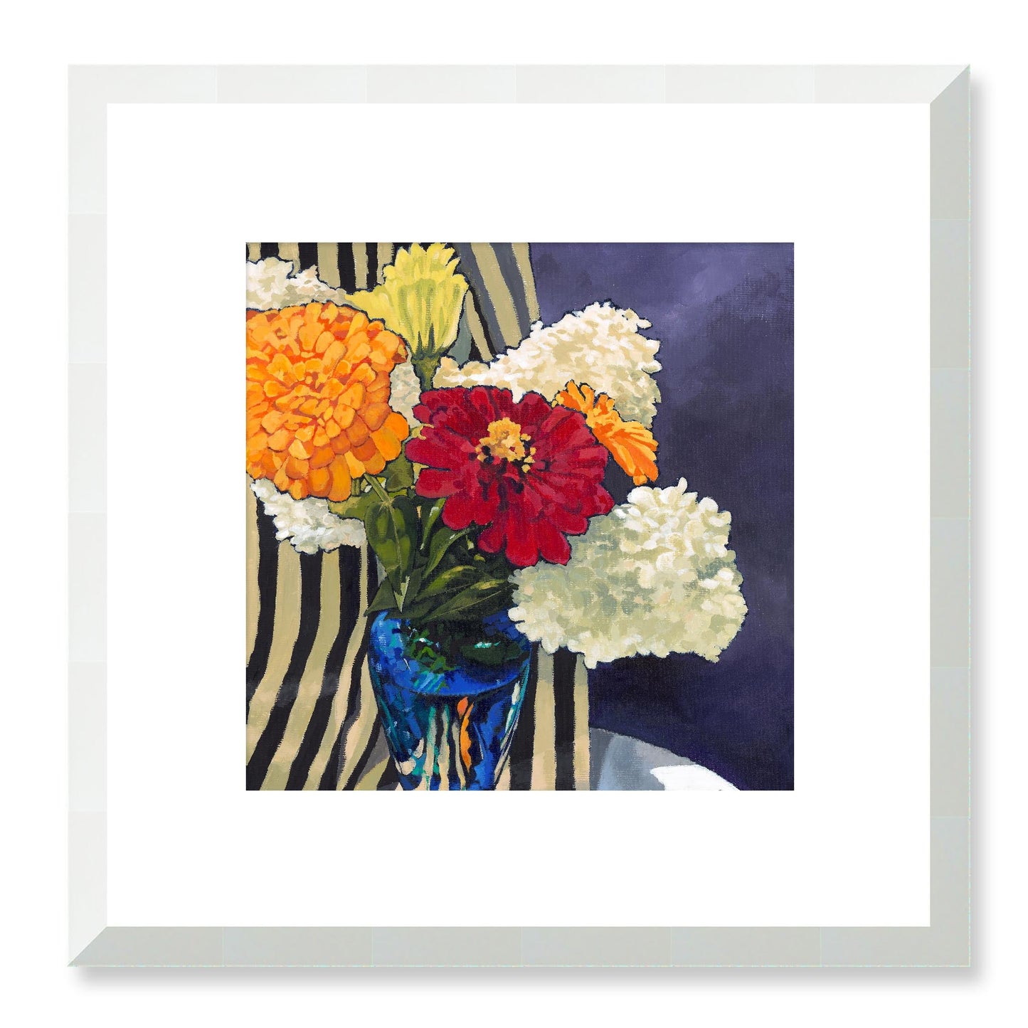 Framed Fine Art Print, White Mat - 12x12 16x16 20x20 24x24 28x28 32x32 36x36 40x40 inches | Hydrangeas & Zinnias in Acrylic, FPS-1030, Prints, Fine art, White Frame, 30 x 30 cm ,12 x 12 inches