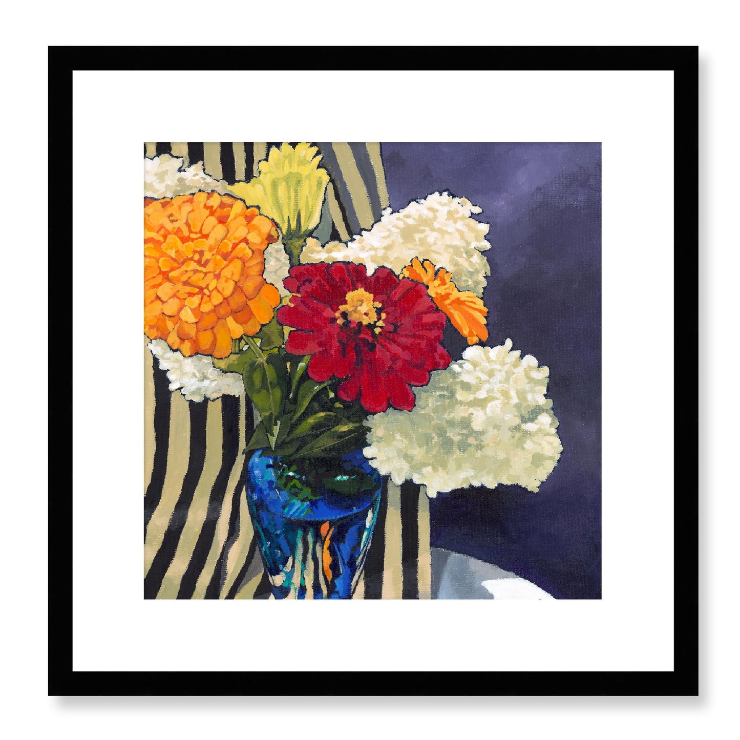 Framed Fine Art Print, White Mat - 12x12 16x16 20x20 24x24 28x28 32x32 36x36 40x40 inches | Hydrangeas & Zinnias in Acrylic, FPS-1030, Prints, Fine art, Black Frame, 41 x 41 cm ,16 x 16 inches