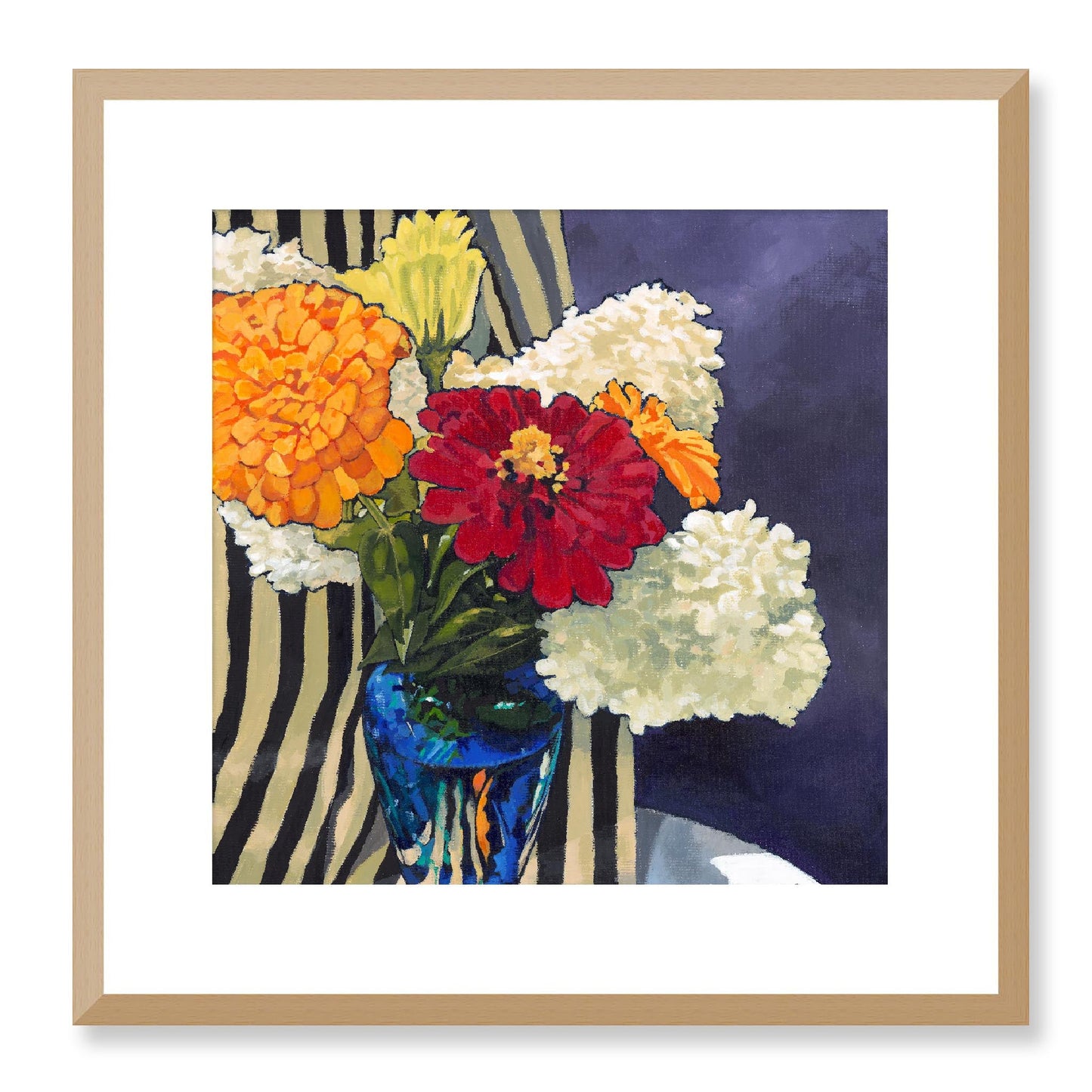 Framed Fine Art Print, White Mat - 12x12 16x16 20x20 24x24 28x28 32x32 36x36 40x40 inches | Hydrangeas & Zinnias in Acrylic, FPS-1030, Prints, Fine art, Natural Frame, 41 x 41 cm ,16 x 16 inches