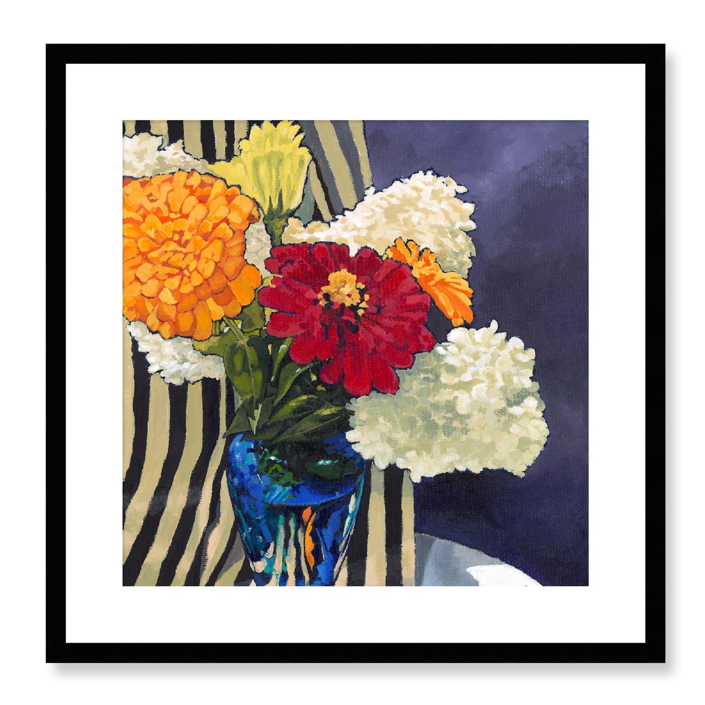 Framed Fine Art Print, White Mat - 12x12 16x16 20x20 24x24 28x28 32x32 36x36 40x40 inches | Hydrangeas & Zinnias in Acrylic, FPS-1030, Prints, Fine art, Black Frame, 51 x 51 cm ,20 x 20 inches