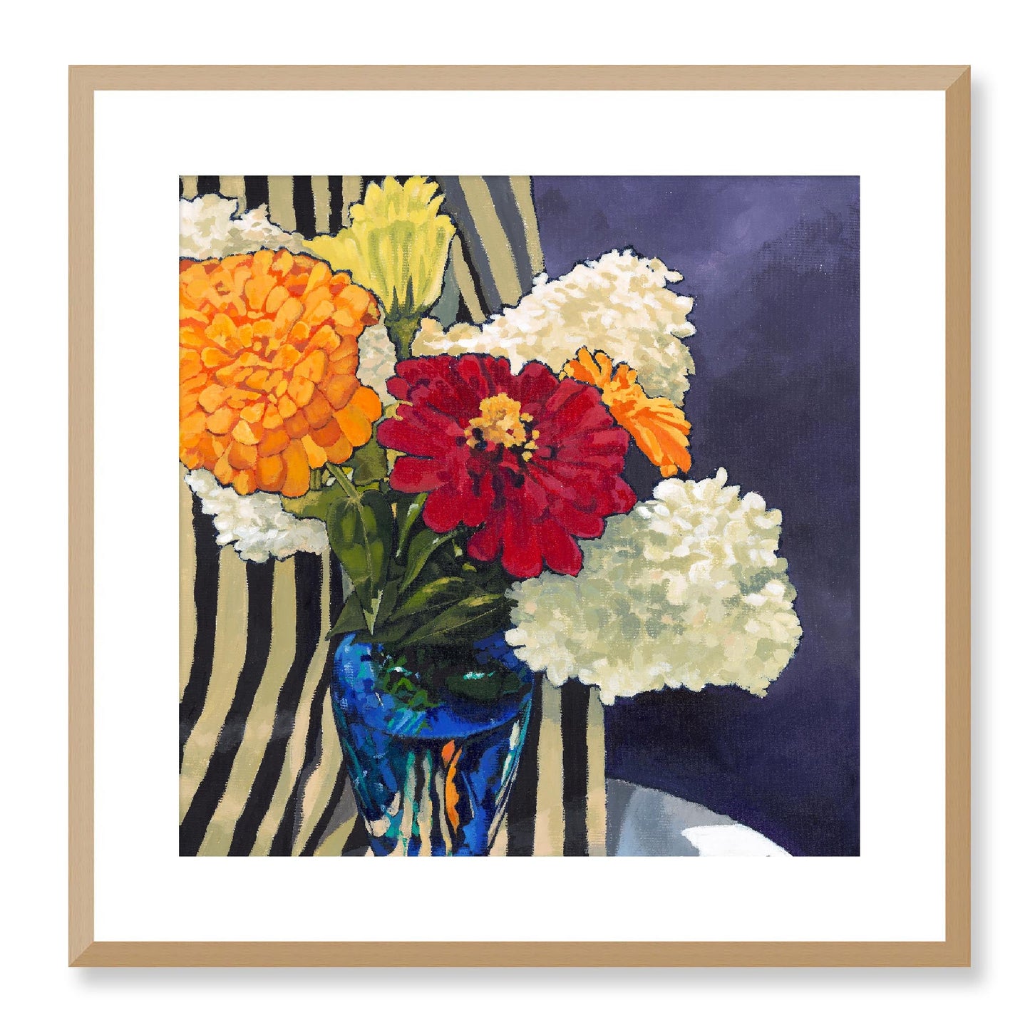 Framed Fine Art Print, White Mat - 12x12 16x16 20x20 24x24 28x28 32x32 36x36 40x40 inches | Hydrangeas & Zinnias in Acrylic, FPS-1030, Prints, Fine art, Natural Frame, 51 x 51 cm ,20 x 20 inches