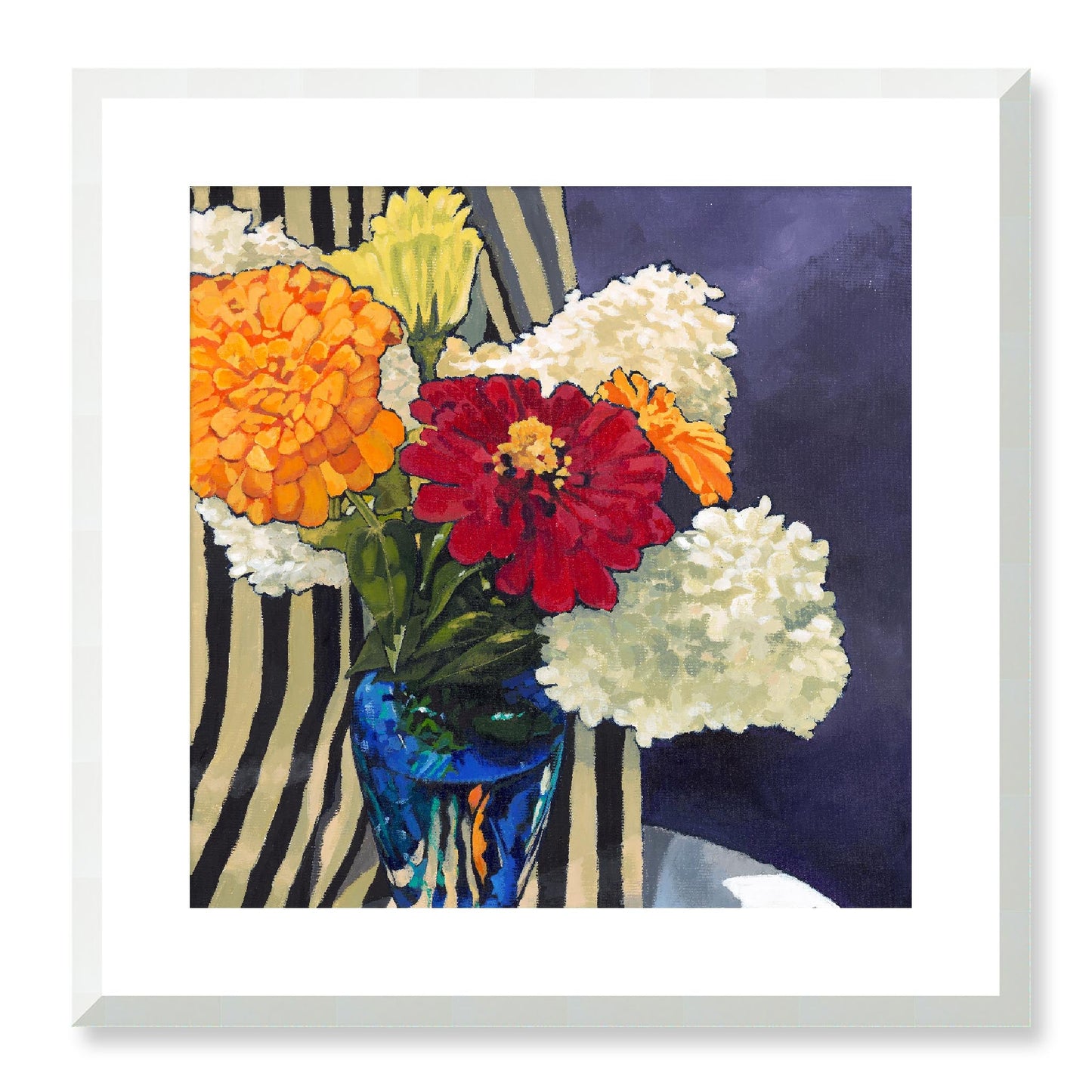 Framed Fine Art Print, White Mat - 12x12 16x16 20x20 24x24 28x28 32x32 36x36 40x40 inches | Hydrangeas & Zinnias in Acrylic, FPS-1030, Prints, Fine art, White Frame, 51 x 51 cm ,20 x 20 inches