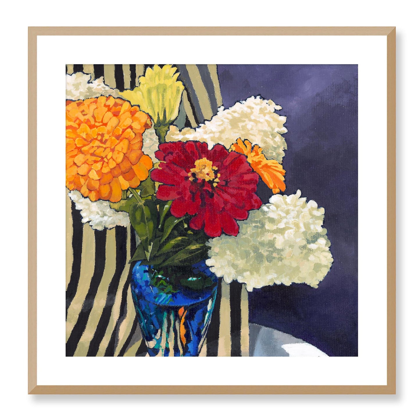 Framed Fine Art Print, White Mat - 12x12 16x16 20x20 24x24 28x28 32x32 36x36 40x40 inches | Hydrangeas & Zinnias in Acrylic, FPS-1030, Prints, Fine art, Natural Frame, 61 x 61 cm ,24 x 24 inches