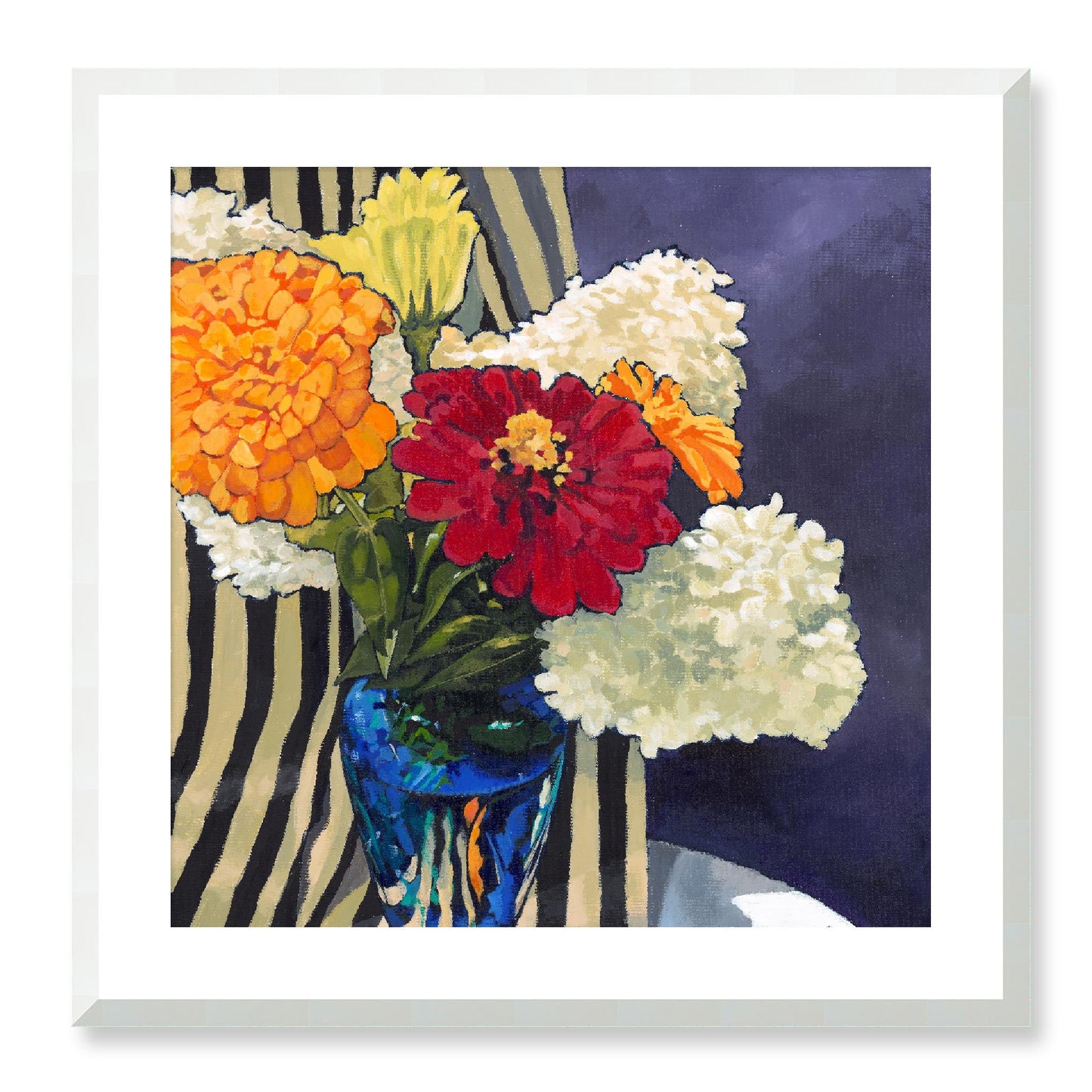Framed Fine Art Print, White Mat - 12x12 16x16 20x20 24x24 28x28 32x32 36x36 40x40 inches | Hydrangeas & Zinnias in Acrylic, FPS-1030, Prints, Fine art, White Frame, 61 x 61 cm ,24 x 24 inches