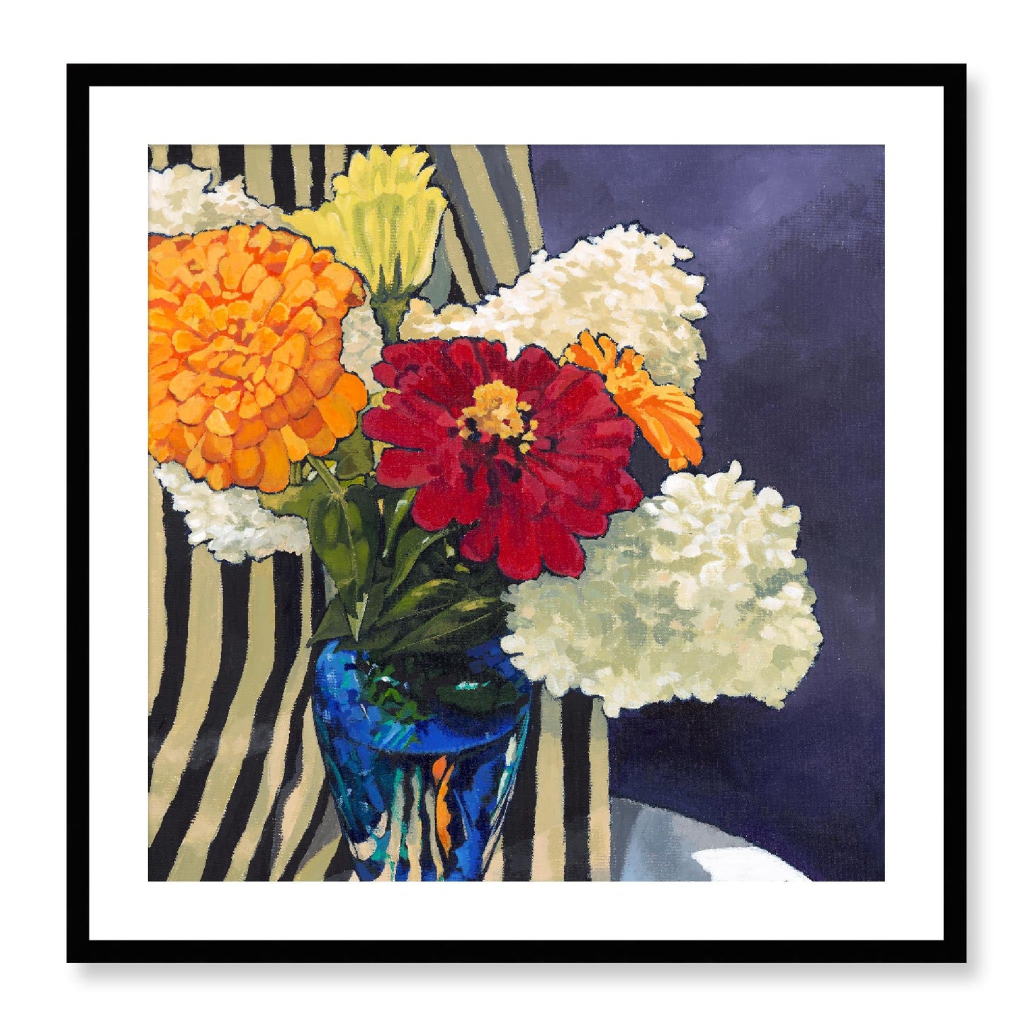 Framed Fine Art Print, White Mat - 12x12 16x16 20x20 24x24 28x28 32x32 36x36 40x40 inches | Hydrangeas & Zinnias in Acrylic, FPS-1030, Prints, Fine art, Black Frame, 71 x 71 cm ,28 x 28 inches