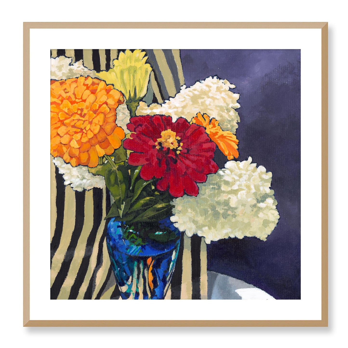 Framed Fine Art Print, White Mat - 12x12 16x16 20x20 24x24 28x28 32x32 36x36 40x40 inches | Hydrangeas & Zinnias in Acrylic, FPS-1030, Prints, Fine art, Natural Frame, 71 x 71 cm ,28 x 28 inches