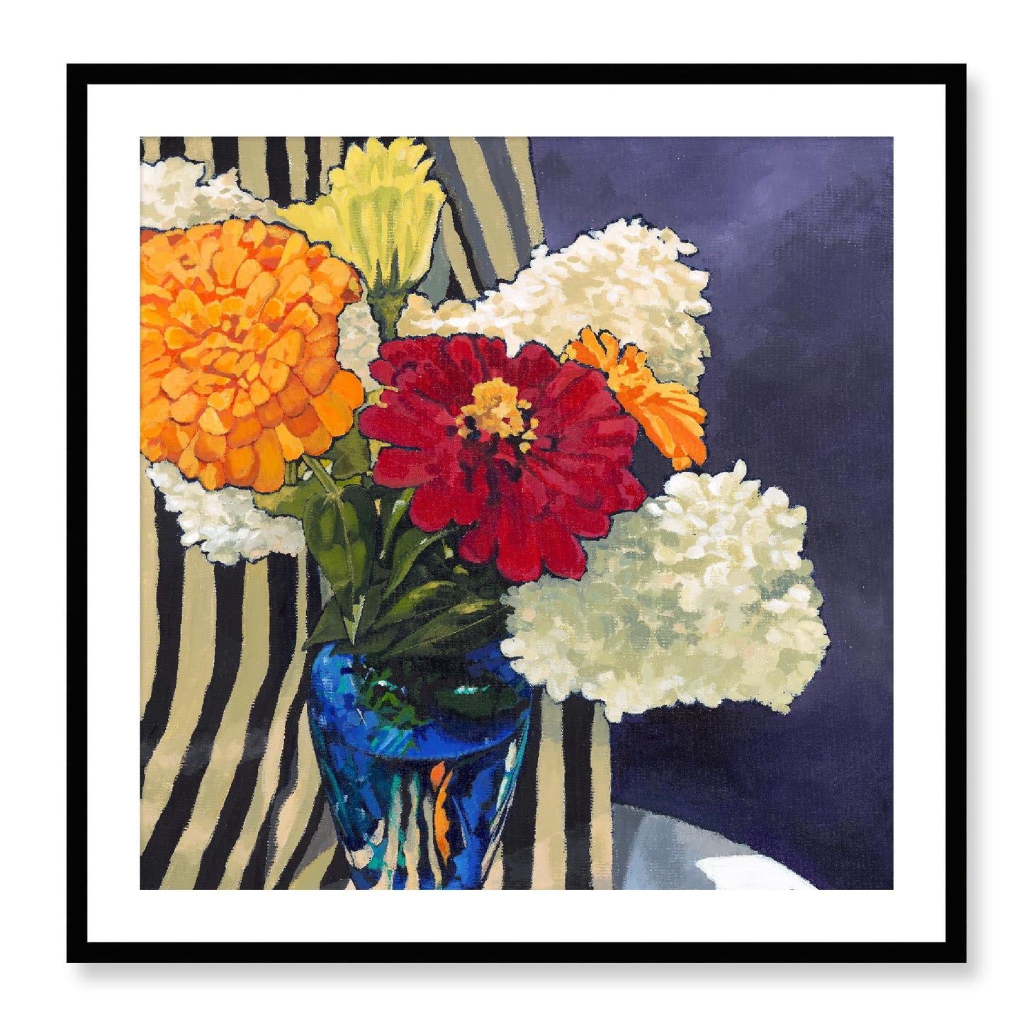 Framed Fine Art Print, White Mat - 12x12 16x16 20x20 24x24 28x28 32x32 36x36 40x40 inches | Hydrangeas & Zinnias in Acrylic, FPS-1030, Prints, Fine art, Black Frame, 81 x 81 cm ,32 x 32 inches