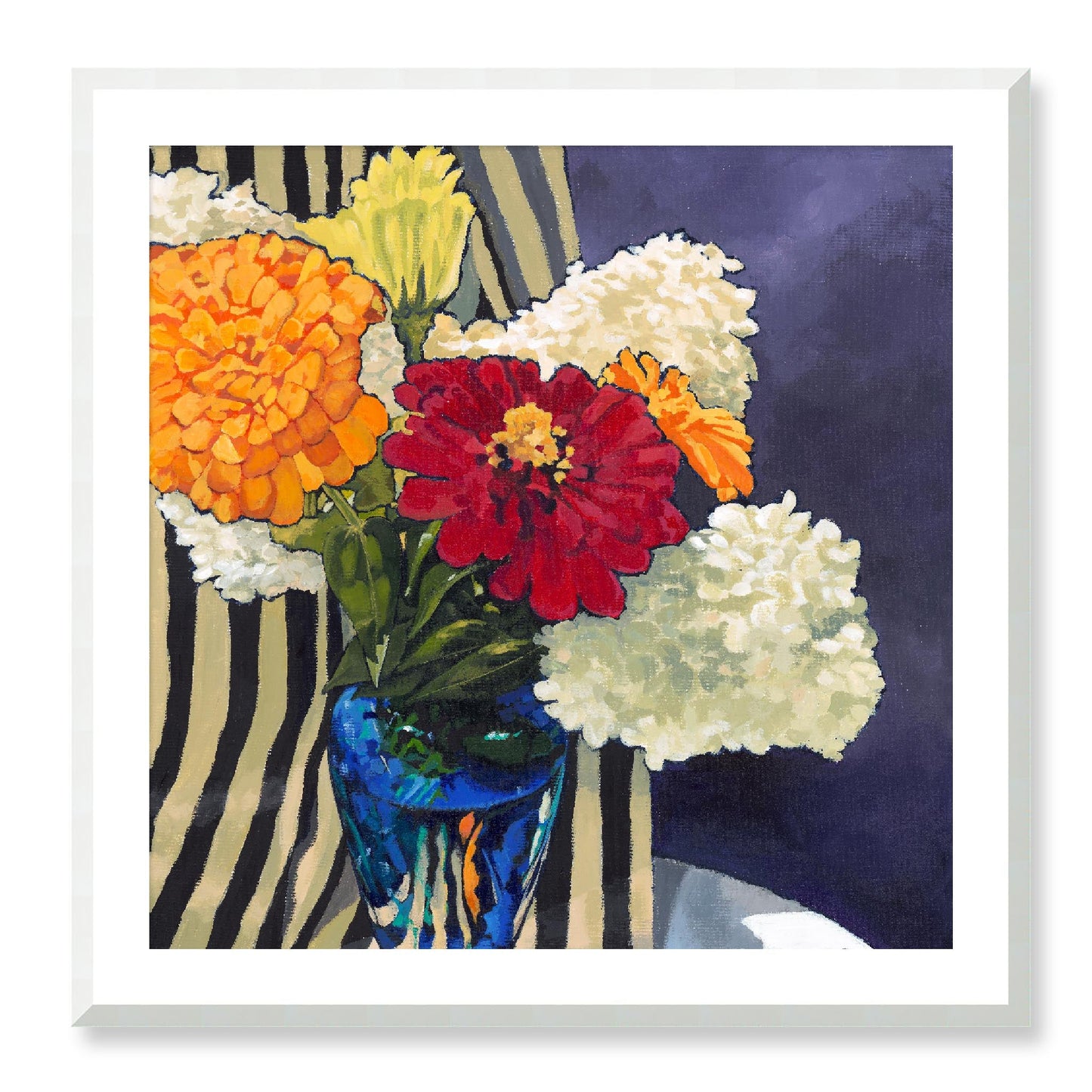 Framed Fine Art Print, White Mat - 12x12 16x16 20x20 24x24 28x28 32x32 36x36 40x40 inches | Hydrangeas & Zinnias in Acrylic, FPS-1030, Prints, Fine art, White Frame, 81 x 81 cm ,32 x 32 inches