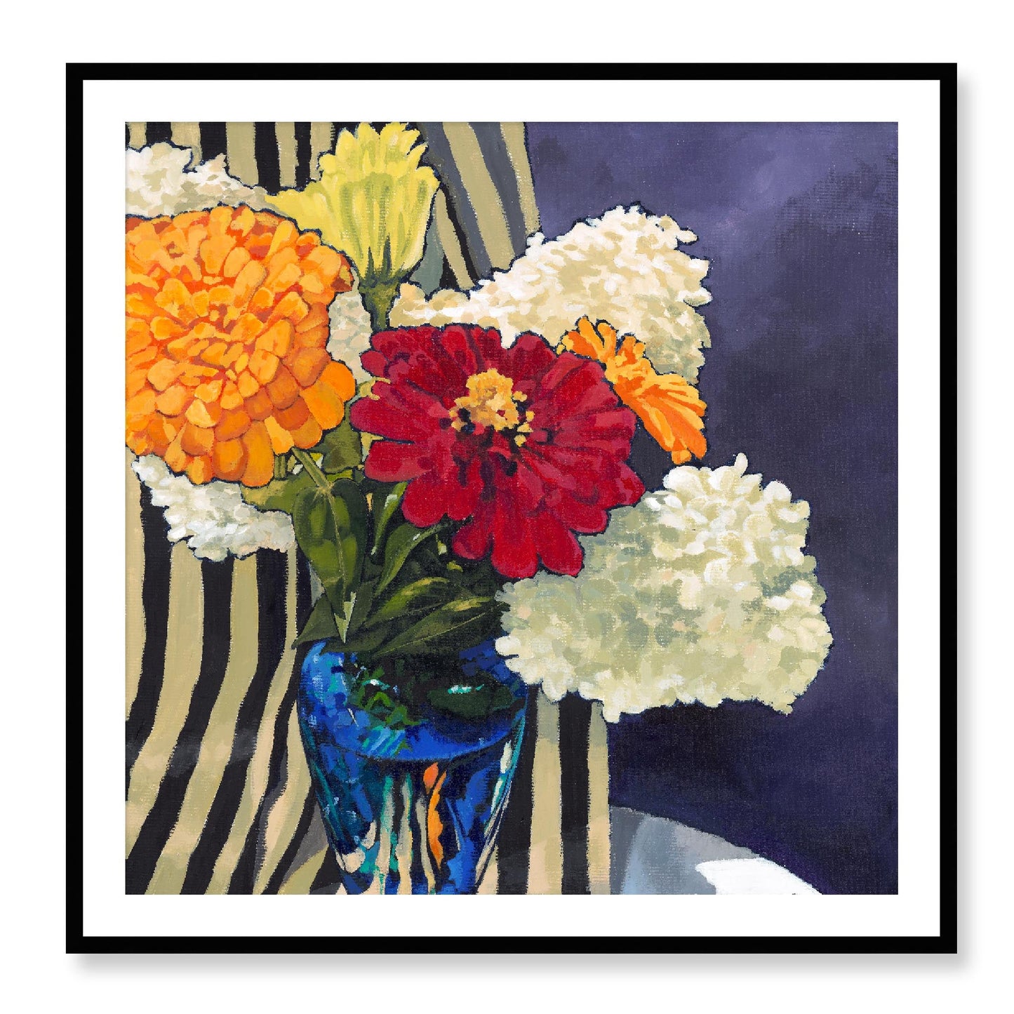Framed Fine Art Print, White Mat - 12x12 16x16 20x20 24x24 28x28 32x32 36x36 40x40 inches | Hydrangeas & Zinnias in Acrylic, FPS-1030, Prints, Fine art, Black Frame, 102 x 102 cm ,40 x 40 inches