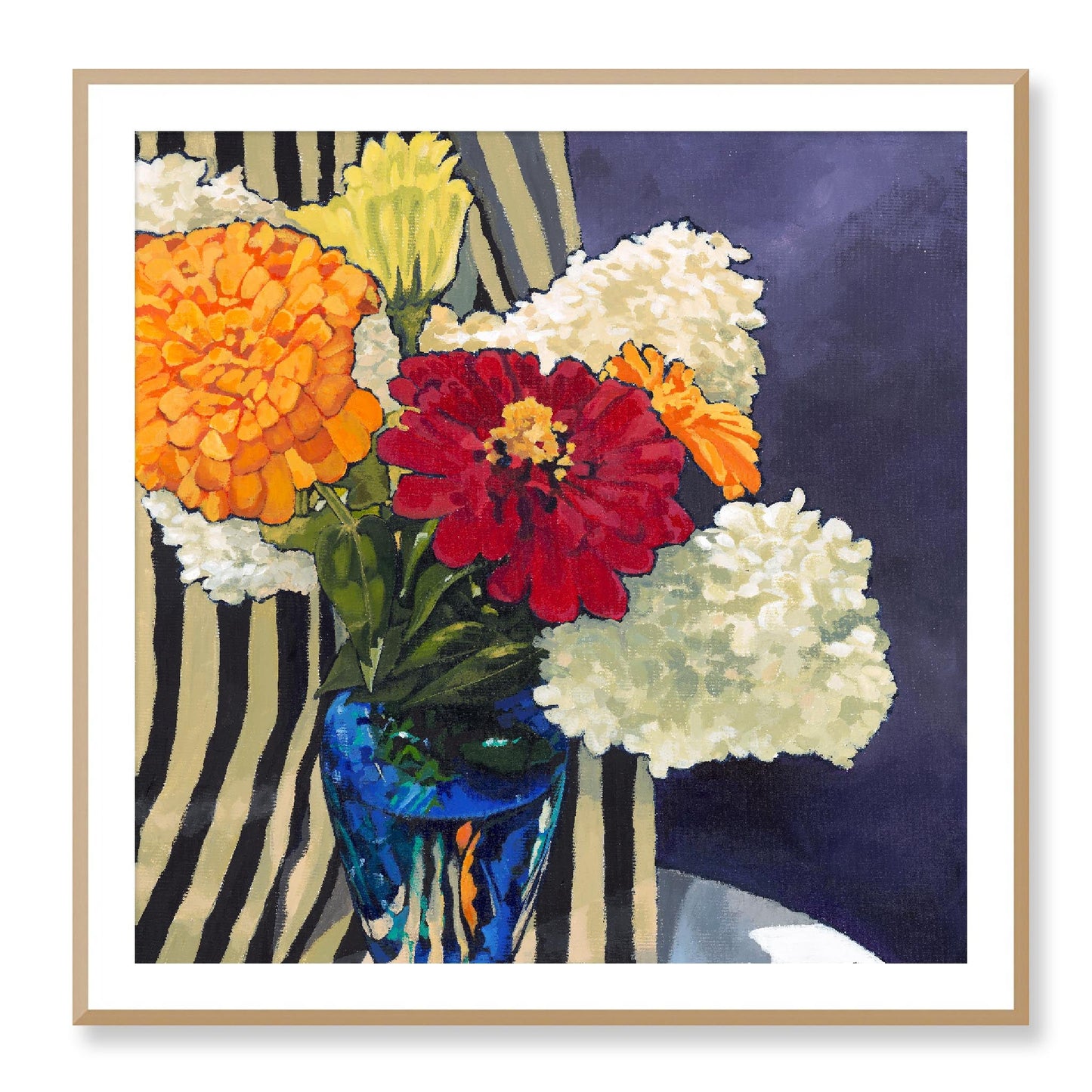 Framed Fine Art Print, White Mat - 12x12 16x16 20x20 24x24 28x28 32x32 36x36 40x40 inches | Hydrangeas & Zinnias in Acrylic, FPS-1030, Prints, Fine art, White Frame, 102 x 102 cm ,40 x 40 inches
