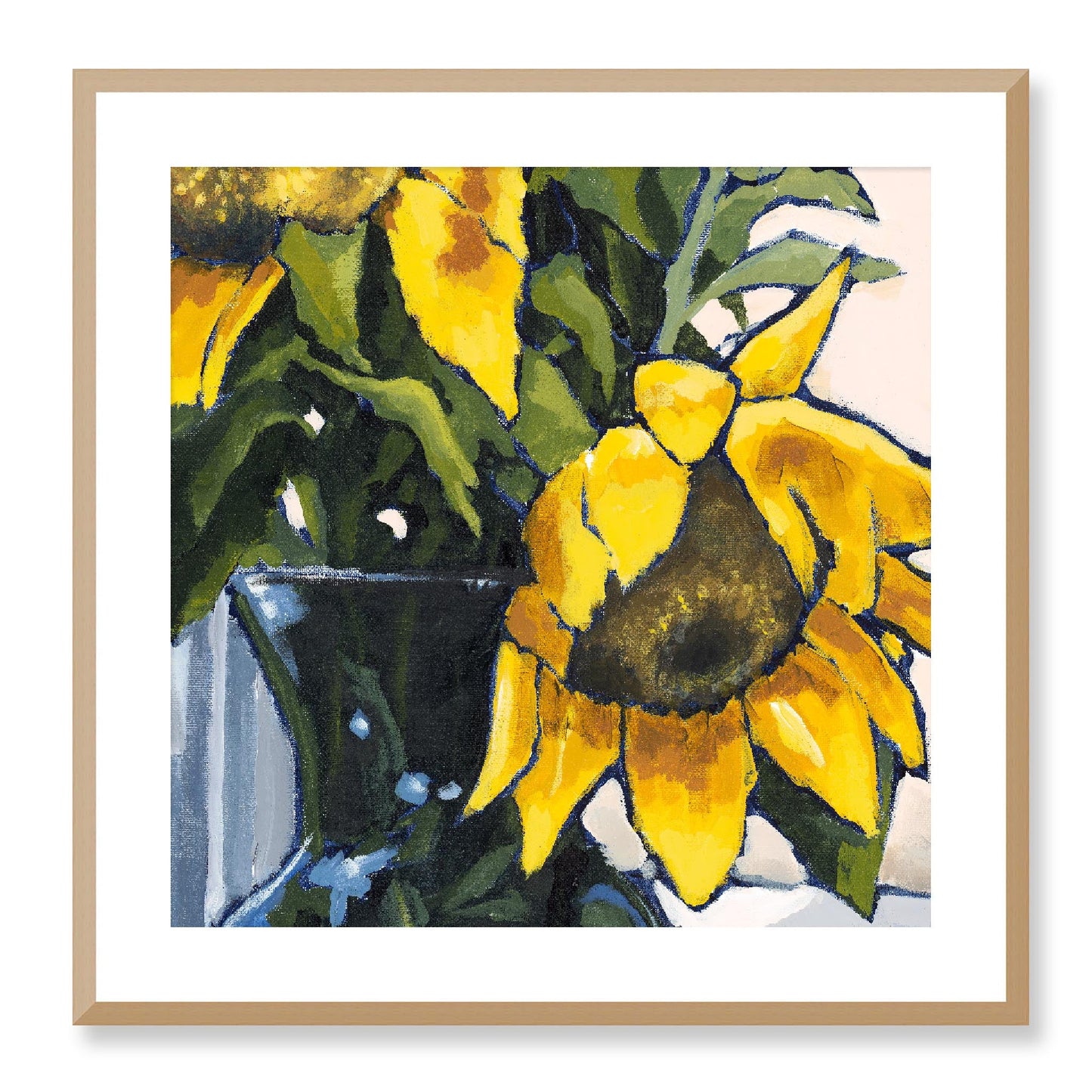 Framed Fine Art Print, White Mat - 12x12 16x16 20x20 24x24 28x28 32x32 36x36 40x40 inches | Sunflowers in Acrylic, FPS-1040-002, Prints, Fine art, Natural Frame, 61 x 61 cm ,24 x 24 inches