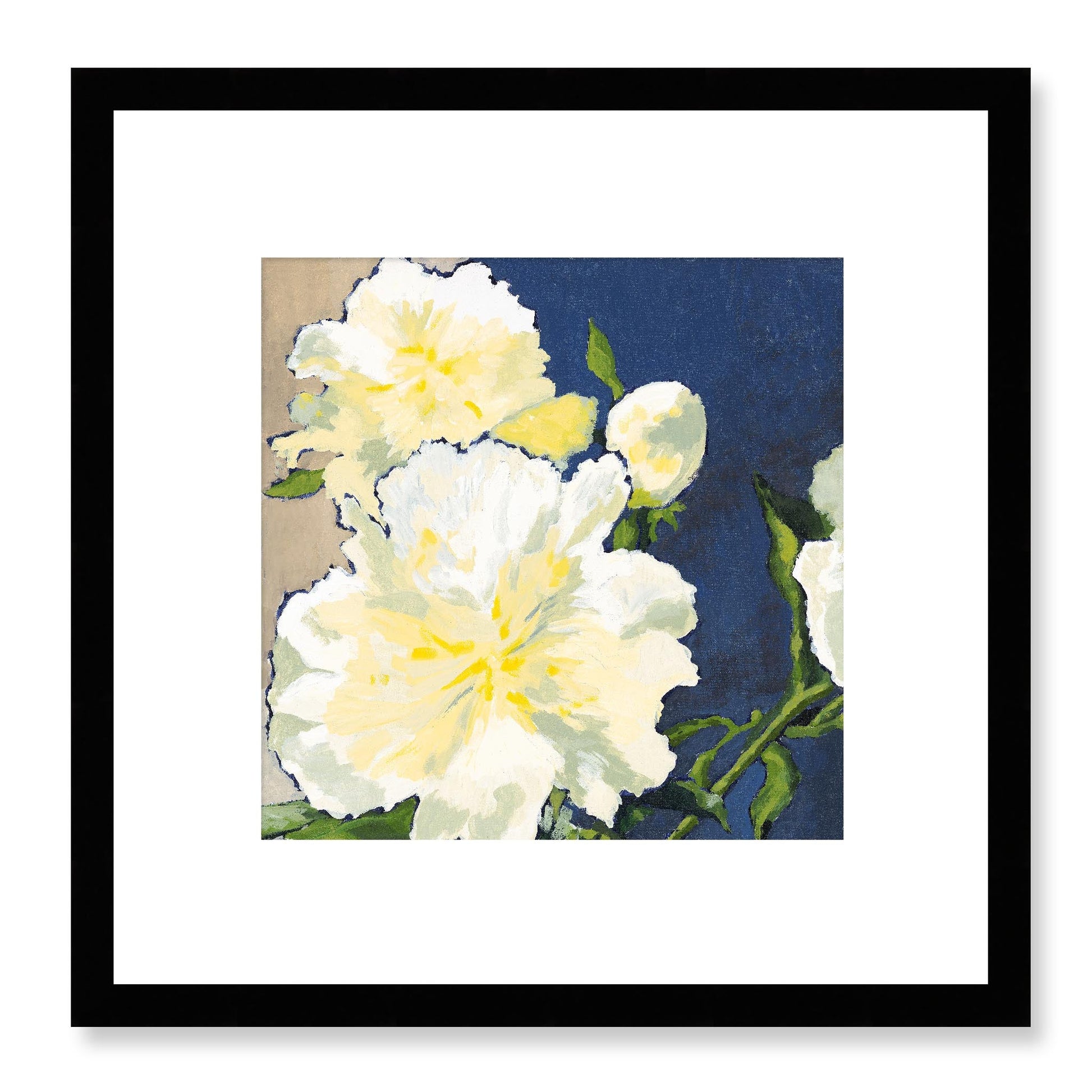 Framed Fine Art Print, White Mat - 12x12 16x16 20x20 24x24 28x28 32x32 36x36 40x40 inches | White Peonies in Acrylic, FPS-1050, Prints, Fine art, Black Frame, 30 x 30 cm ,12 x 12 inches