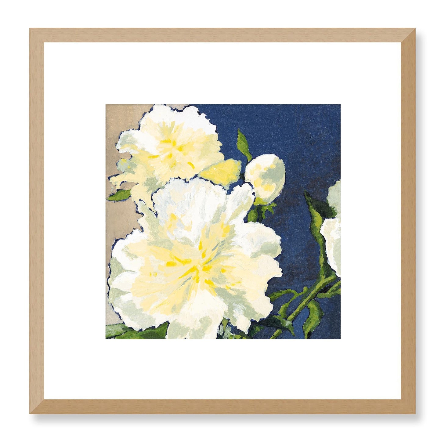 Framed Fine Art Print, White Mat - 12x12 16x16 20x20 24x24 28x28 32x32 36x36 40x40 inches | White Peonies in Acrylic, FPS-1050, Prints, Fine art, Natural Frame, 30 x 30 cm ,12 x 12 inches