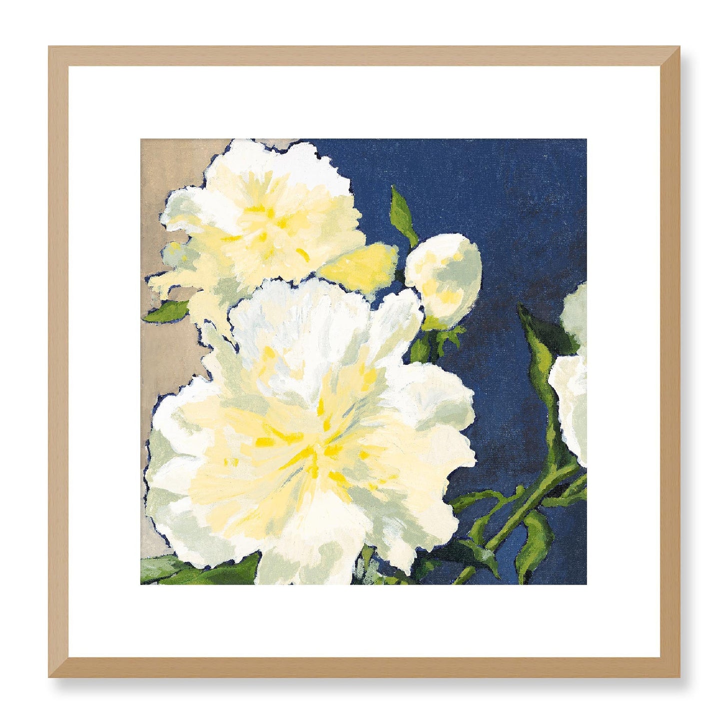 Framed Fine Art Print, White Mat - 12x12 16x16 20x20 24x24 28x28 32x32 36x36 40x40 inches | White Peonies in Acrylic, FPS-1050, Prints, Fine art, Natural Frame, 41 x 41 cm ,16 x 16 inches