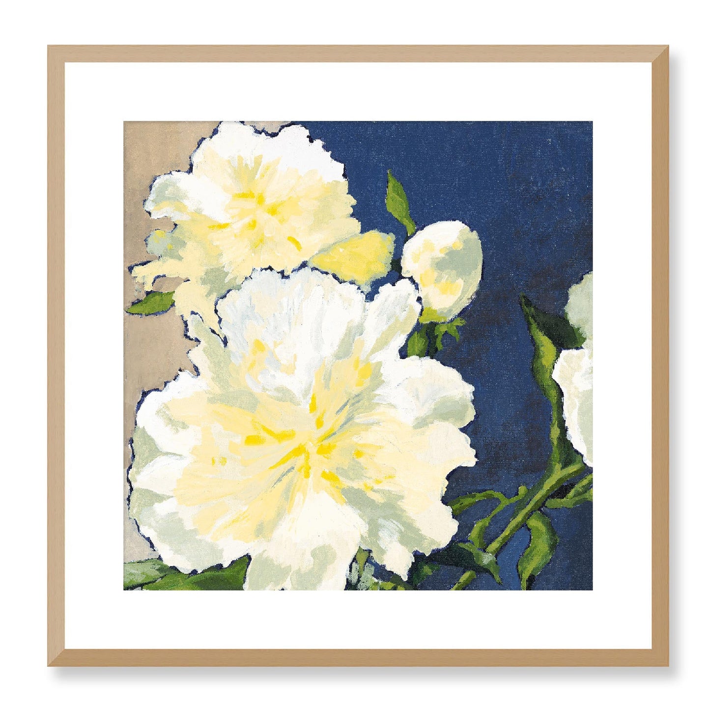 Framed Fine Art Print, White Mat - 12x12 16x16 20x20 24x24 28x28 32x32 36x36 40x40 inches | White Peonies in Acrylic, FPS-1050, Prints, Fine art, Natural Frame, 51 x 51 cm ,20 x 20 inches