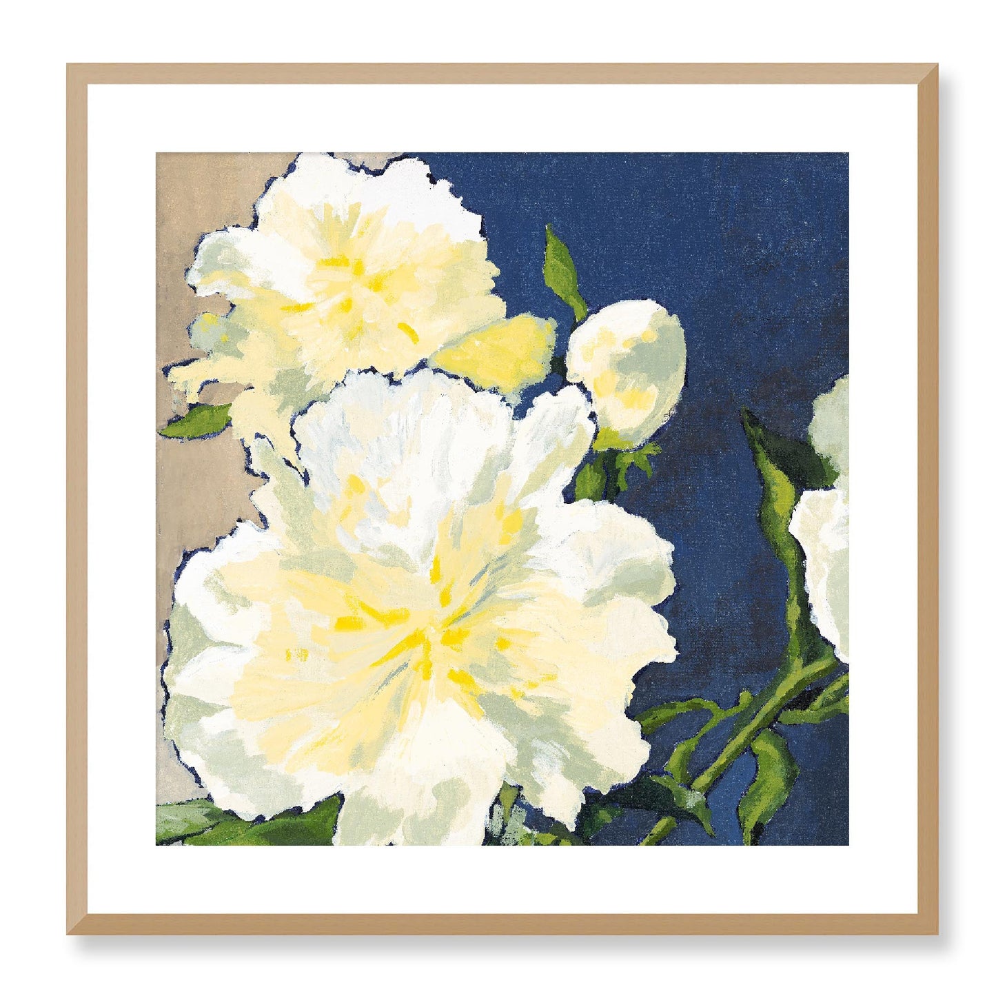 Framed Fine Art Print, White Mat - 12x12 16x16 20x20 24x24 28x28 32x32 36x36 40x40 inches | White Peonies in Acrylic, FPS-1050, Prints, Fine art, Natural Frame, 61 x 61 cm ,24 x 24 inches