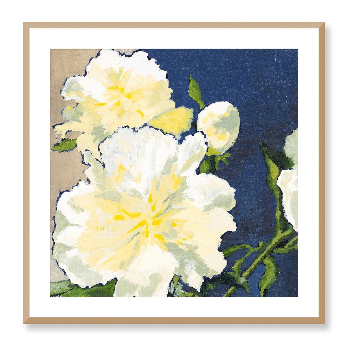 Framed Fine Art Print, White Mat - 12x12 16x16 20x20 24x24 28x28 32x32 36x36 40x40 inches | White Peonies in Acrylic, FPS-1050, Prints, Fine art, Natural Frame, 71 x 71 cm ,28 x 28 inches