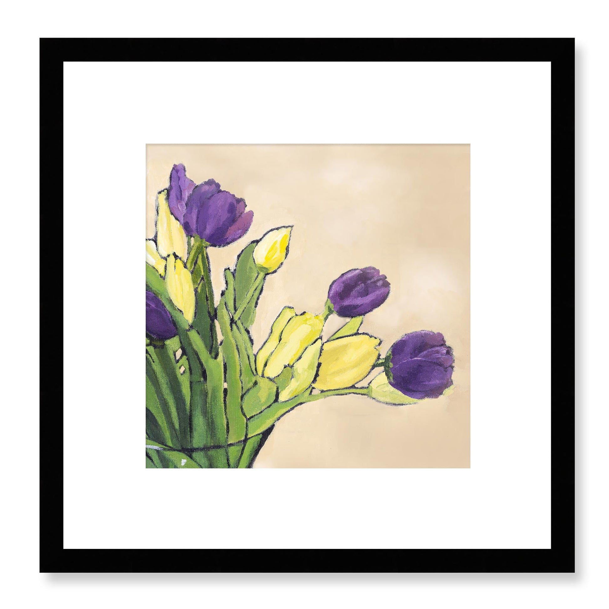 Framed Fine Art Print, White Mat - 12x12 16x16 20x20 24x24 28x28 32x32 36x36 40x40 inches | Purple & Yellow Tulips in Acrylic, FPS-1060-001, Prints, Fine art, Black Frame, 30 x 30 cm ,12 x 12 inches