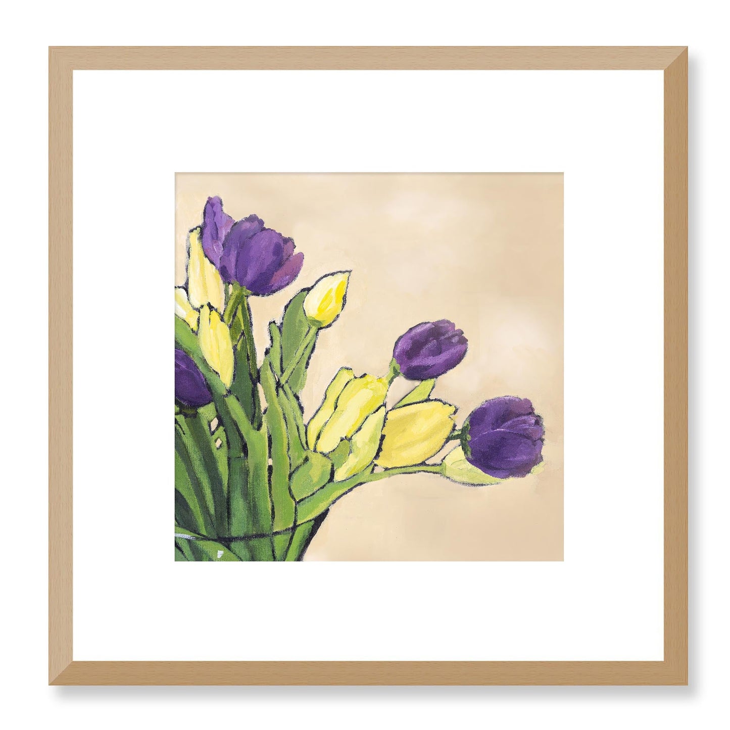 Framed Fine Art Print, White Mat - 12x12 16x16 20x20 24x24 28x28 32x32 36x36 40x40 inches | Purple & Yellow Tulips in Acrylic, FPS-1060-001, Prints, Fine art, Natural Frame, 30 x 30 cm ,12 x 12 inches