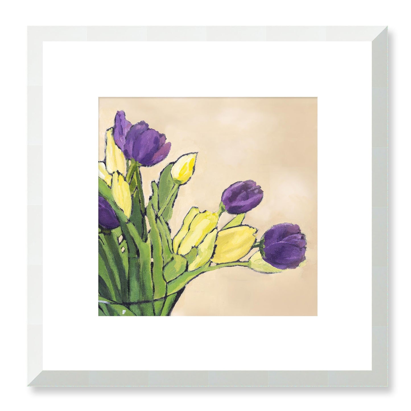 Framed Fine Art Print, White Mat - 12x12 16x16 20x20 24x24 28x28 32x32 36x36 40x40 inches | Purple & Yellow Tulips in Acrylic, FPS-1060-001, Prints, Fine art, White Frame, 30 x 30 cm ,12 x 12 inches