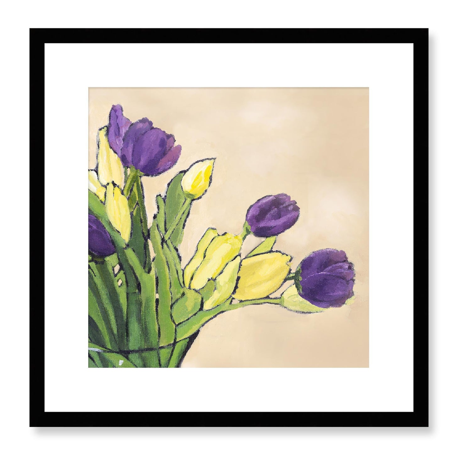 Framed Fine Art Print, White Mat - 12x12 16x16 20x20 24x24 28x28 32x32 36x36 40x40 inches | Purple & Yellow Tulips in Acrylic, FPS-1060-001, Prints, Fine art, Black Frame, 41 x 41 cm ,16 x 16 inches