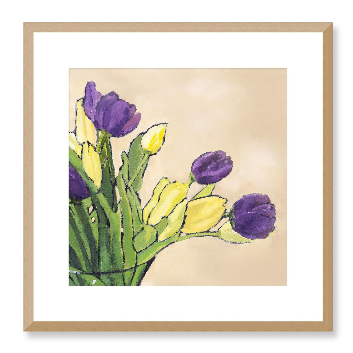 Framed Fine Art Print, White Mat - 12x12 16x16 20x20 24x24 28x28 32x32 36x36 40x40 inches | Purple & Yellow Tulips in Acrylic, FPS-1060-001, Prints, Fine art, Natural Frame, 41 x 41 cm ,16 x 16 inches