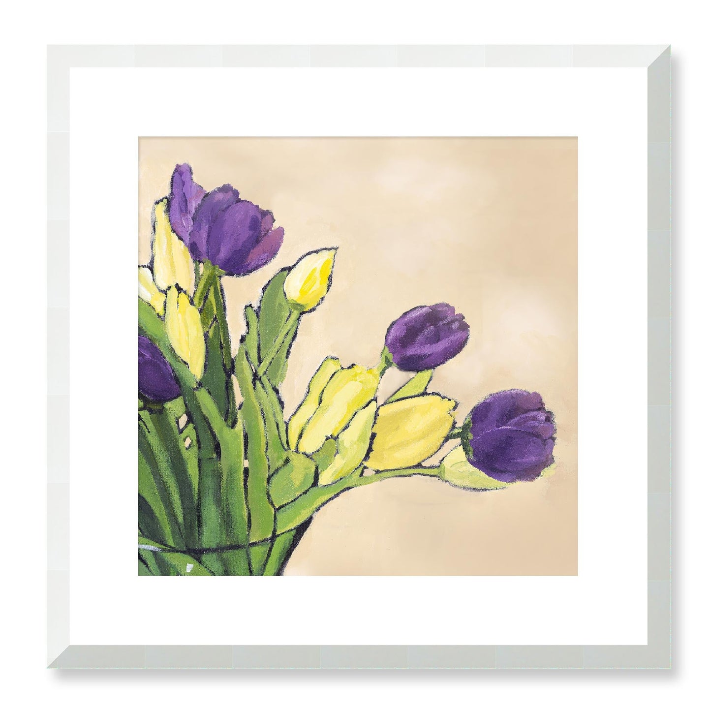 Framed Fine Art Print, White Mat - 12x12 16x16 20x20 24x24 28x28 32x32 36x36 40x40 inches | Purple & Yellow Tulips in Acrylic, FPS-1060-001, Prints, Fine art, White Frame, 41 x 41 cm ,16 x 16 inches