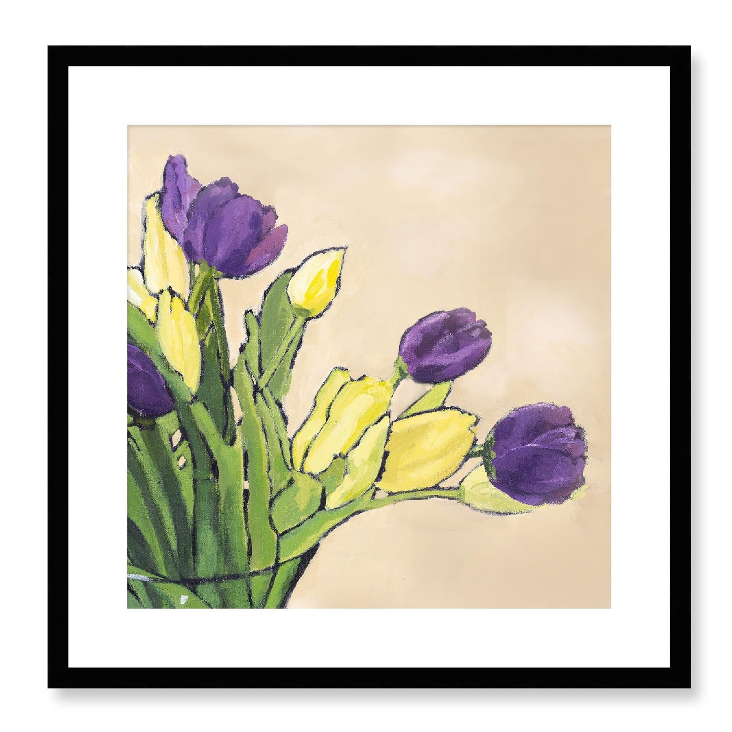 Framed Fine Art Print, White Mat - 12x12 16x16 20x20 24x24 28x28 32x32 36x36 40x40 inches | Purple & Yellow Tulips in Acrylic, FPS-1060-001, Prints, Fine art, Black Frame, 51 x 51 cm ,20 x 20 inches