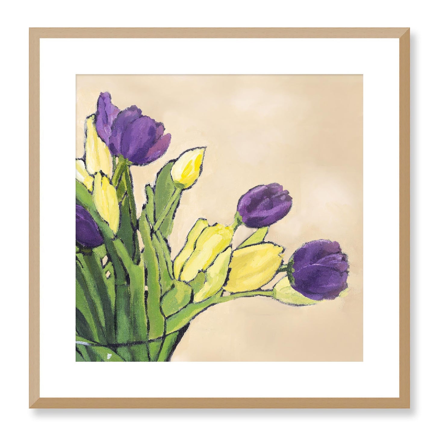 Framed Fine Art Print, White Mat - 12x12 16x16 20x20 24x24 28x28 32x32 36x36 40x40 inches | Purple & Yellow Tulips in Acrylic, FPS-1060-001, Prints, Fine art, Natural Frame, 51 x 51 cm ,20 x 20 inches