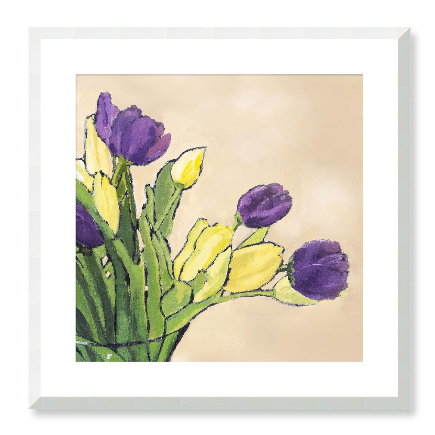 Framed Fine Art Print, White Mat - 12x12 16x16 20x20 24x24 28x28 32x32 36x36 40x40 inches | Purple & Yellow Tulips in Acrylic, FPS-1060-001, Prints, Fine art, White Frame, 51 x 51 cm ,20 x 20 inches