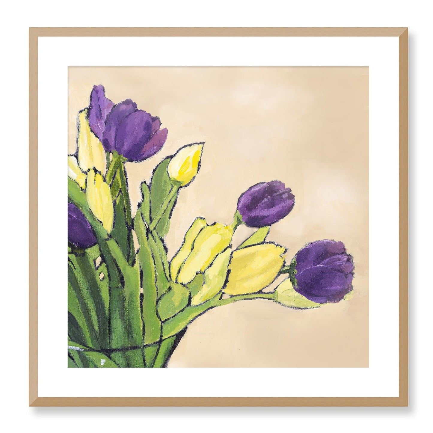 Framed Fine Art Print, White Mat - 12x12 16x16 20x20 24x24 28x28 32x32 36x36 40x40 inches | Purple & Yellow Tulips in Acrylic, FPS-1060-001, Prints, Fine art, Natural Frame, 61 x 61 cm ,24 x 24 inches