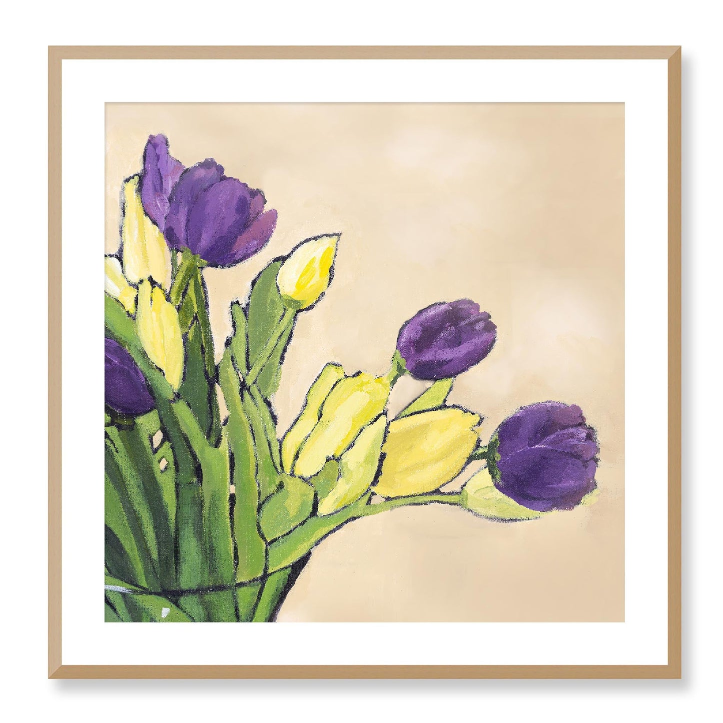 Framed Fine Art Print, White Mat - 12x12 16x16 20x20 24x24 28x28 32x32 36x36 40x40 inches | Purple & Yellow Tulips in Acrylic, FPS-1060-001, Prints, Fine art, Natural Frame, 71 x 71 cm ,28 x 28 inches