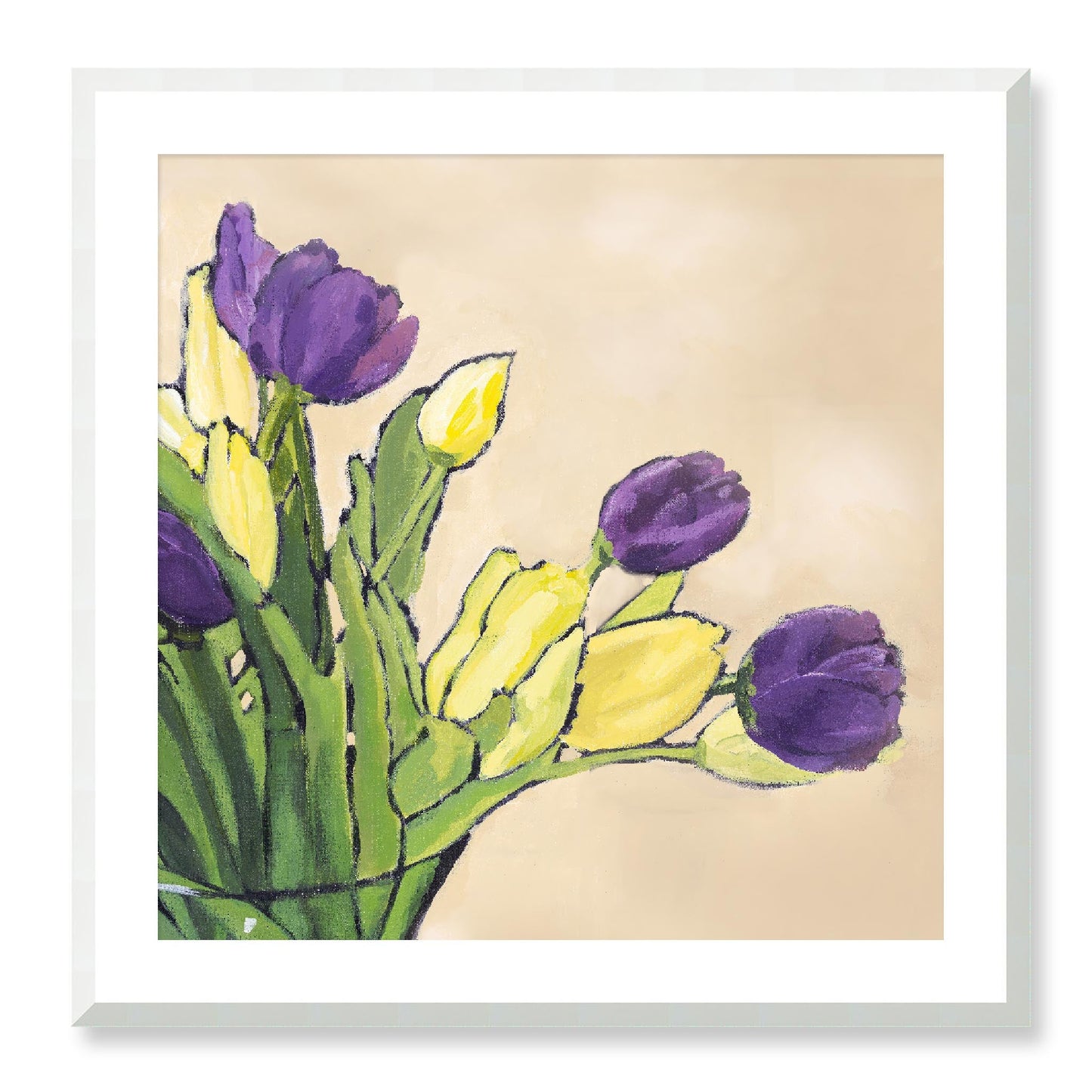 Framed Fine Art Print, White Mat - 12x12 16x16 20x20 24x24 28x28 32x32 36x36 40x40 inches | Purple & Yellow Tulips in Acrylic, FPS-1060-001, Prints, Fine art, White Frame, 71 x 71 cm ,28 x 28 inches