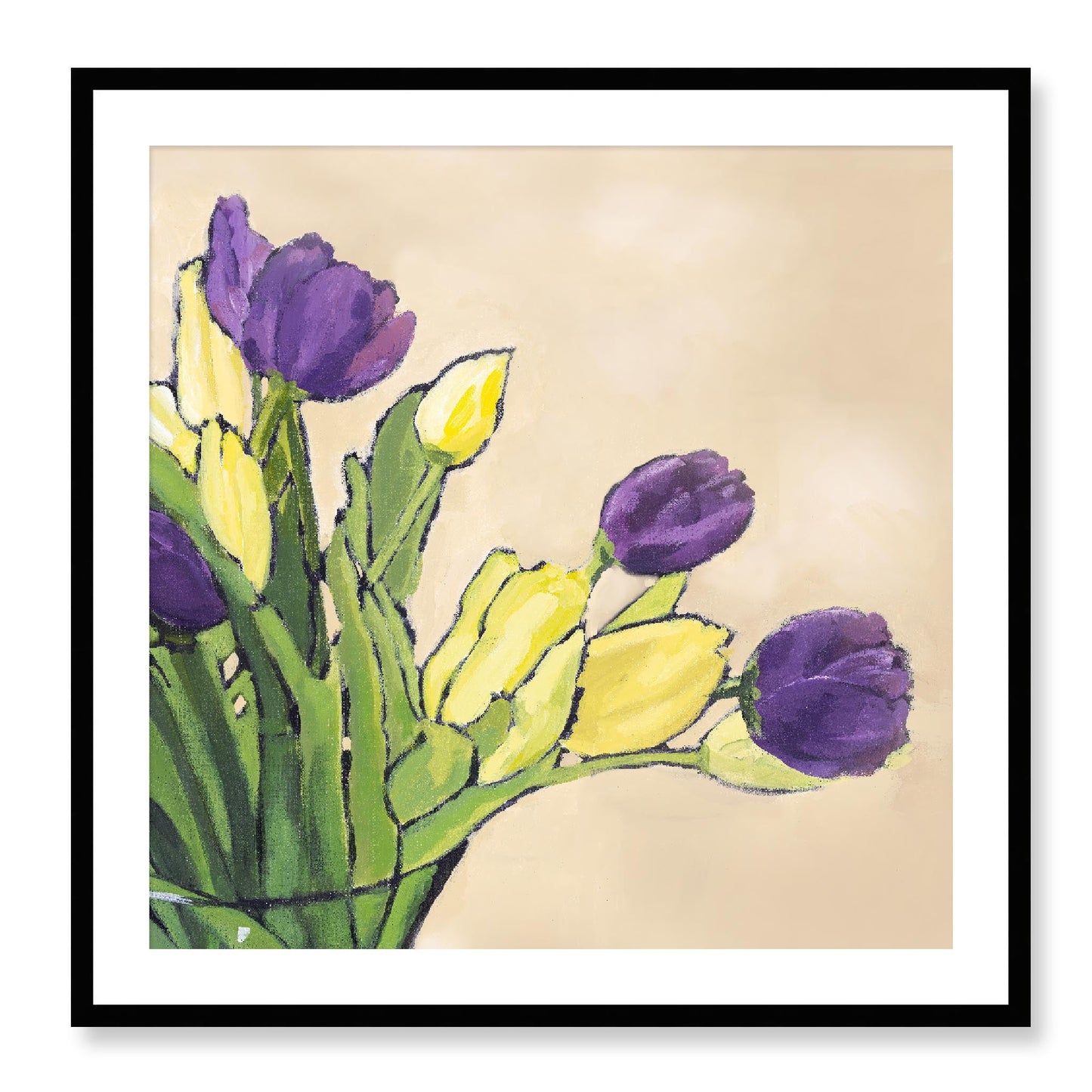 Framed Fine Art Print, White Mat - 12x12 16x16 20x20 24x24 28x28 32x32 36x36 40x40 inches | Purple & Yellow Tulips in Acrylic, FPS-1060-001, Prints, Fine art, Black Frame, 81 x 81 cm ,32 x 32 inches