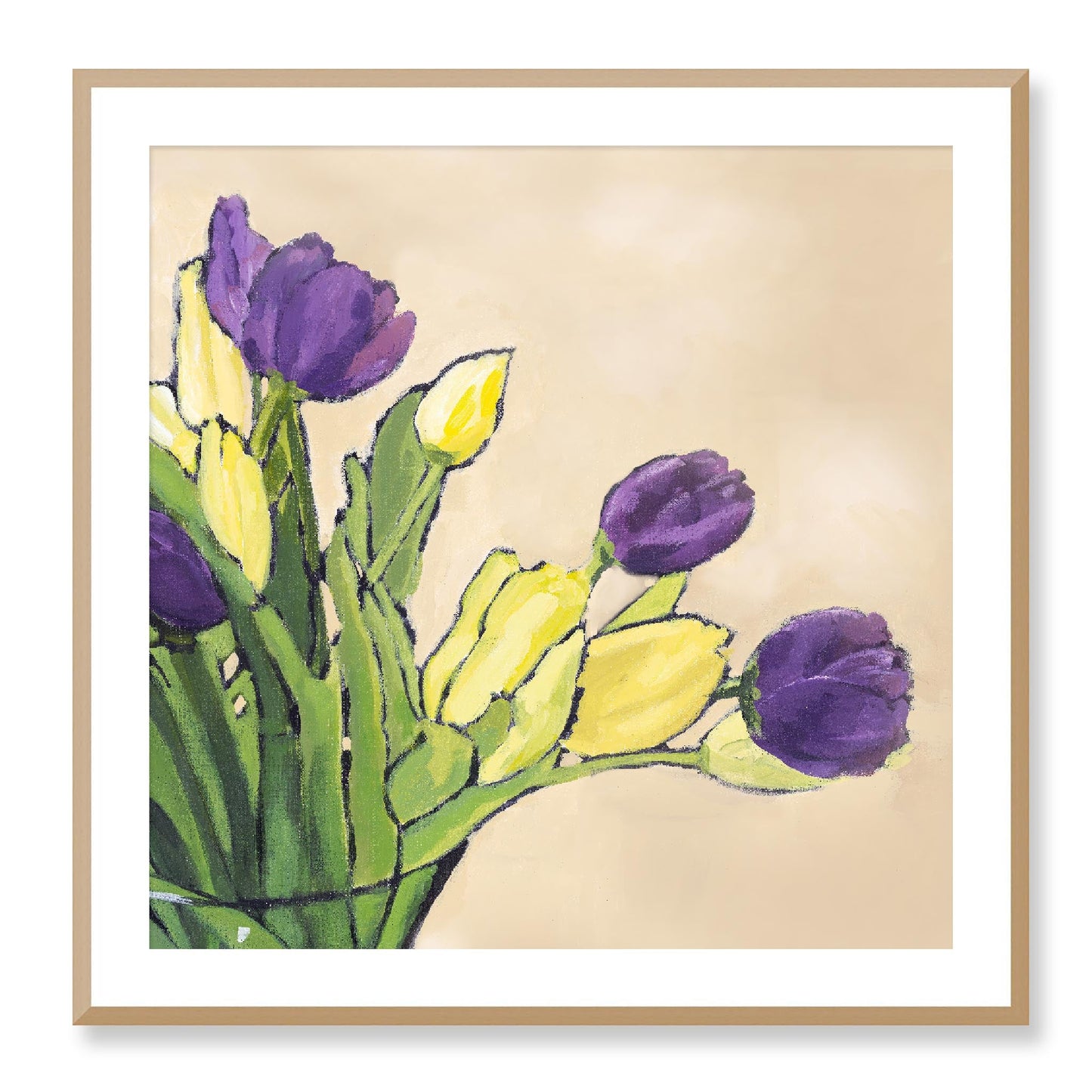 Framed Fine Art Print, White Mat - 12x12 16x16 20x20 24x24 28x28 32x32 36x36 40x40 inches | Purple & Yellow Tulips in Acrylic, FPS-1060-001, Prints, Fine art, Natural Frame, 81 x 81 cm ,32 x 32 inches