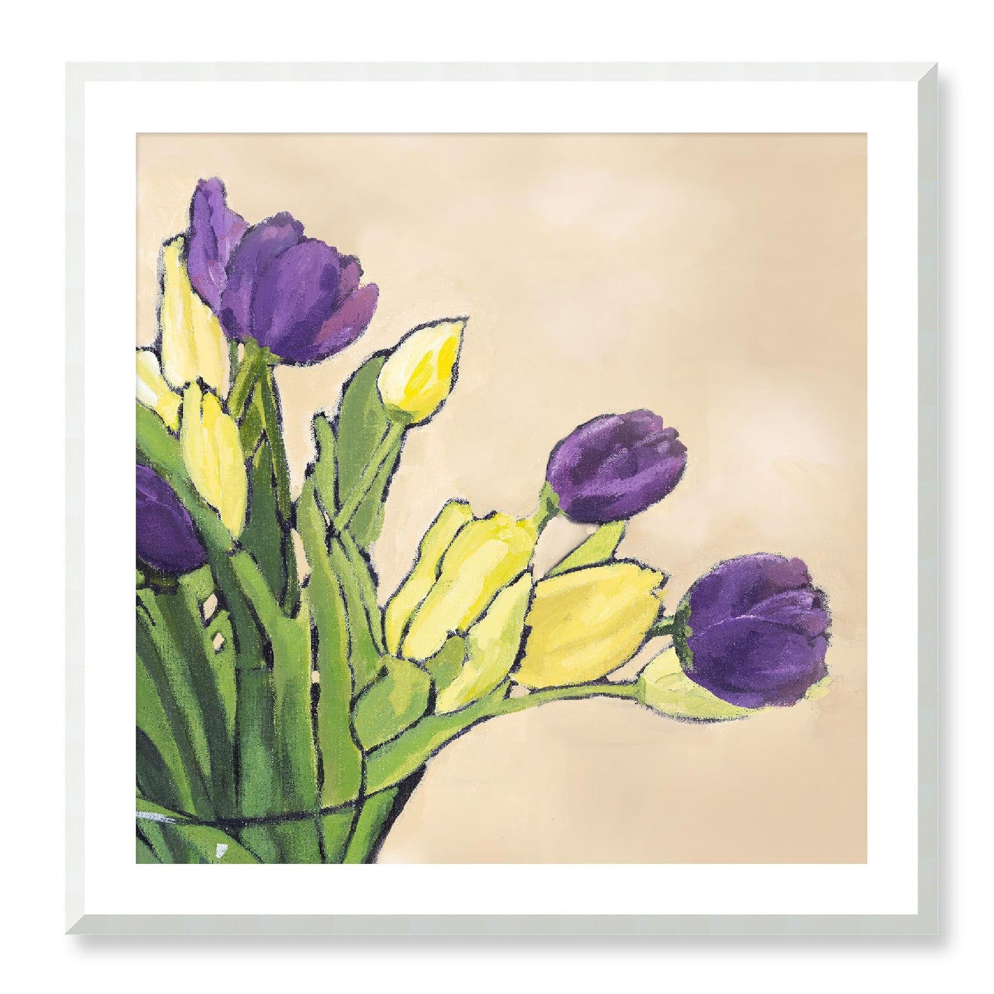 Framed Fine Art Print, White Mat - 12x12 16x16 20x20 24x24 28x28 32x32 36x36 40x40 inches | Purple & Yellow Tulips in Acrylic, FPS-1060-001, Prints, Fine art, White Frame, 81 x 81 cm ,32 x 32 inches