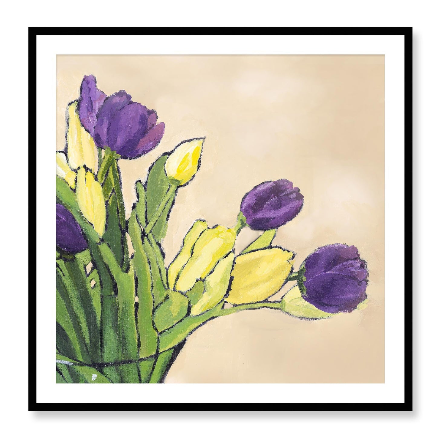 Framed Fine Art Print, White Mat - 12x12 16x16 20x20 24x24 28x28 32x32 36x36 40x40 inches | Purple & Yellow Tulips in Acrylic, FPS-1060-001, Prints, Fine art, Black Frame, 91 x 91 cm ,36 x 36 inches