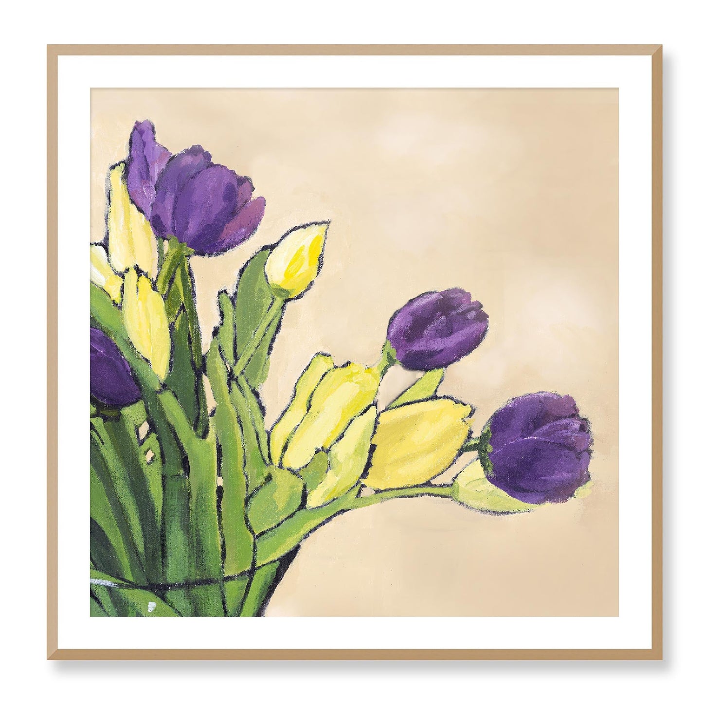 Framed Fine Art Print, White Mat - 12x12 16x16 20x20 24x24 28x28 32x32 36x36 40x40 inches | Purple & Yellow Tulips in Acrylic, FPS-1060-001, Prints, Fine art, White Frame, 91 x 91 cm ,36 x 36 inches