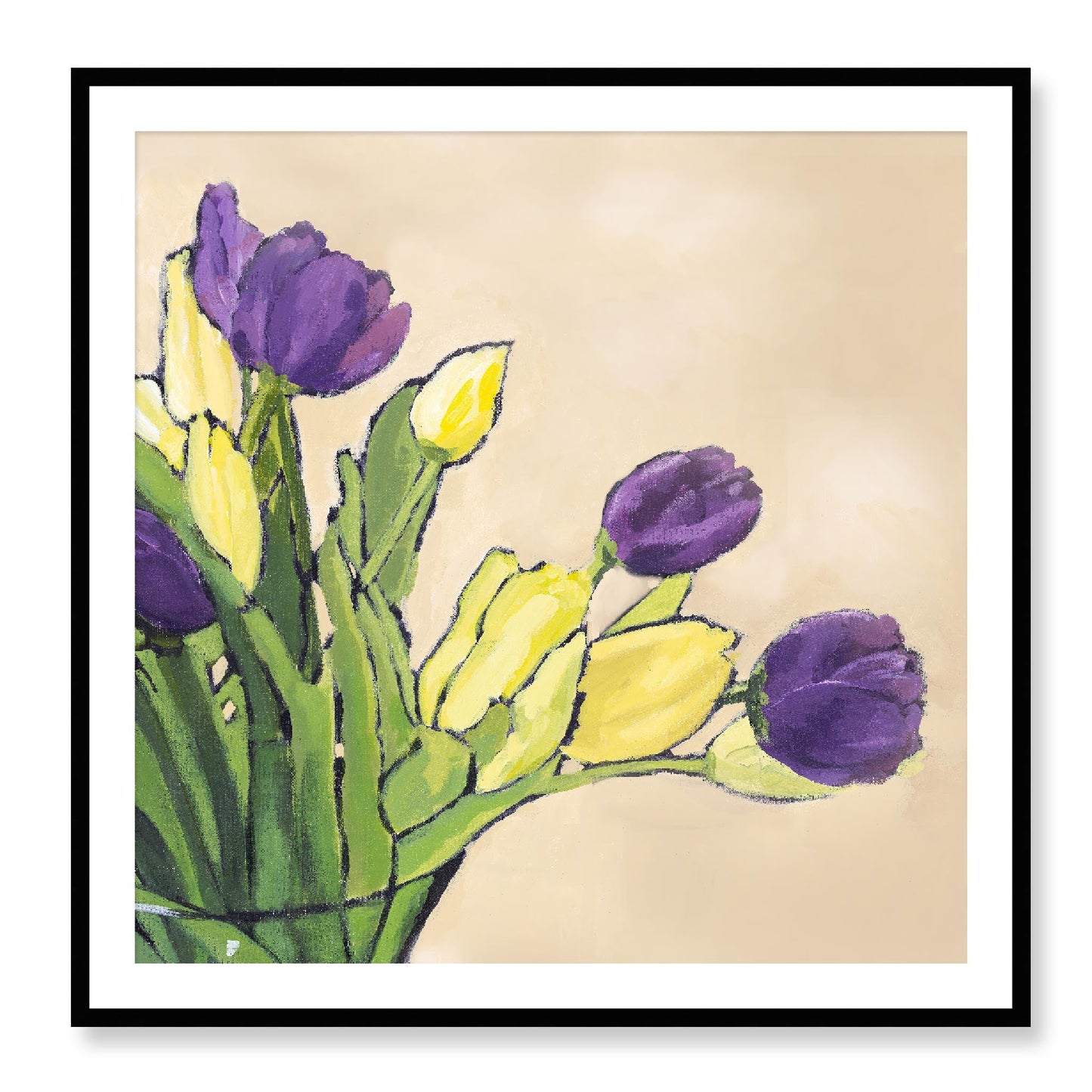 Framed Fine Art Print, White Mat - 12x12 16x16 20x20 24x24 28x28 32x32 36x36 40x40 inches | Purple & Yellow Tulips in Acrylic, FPS-1060-001, Prints, Fine art, Black Frame, 102 x 102 cm ,40 x 40 inches