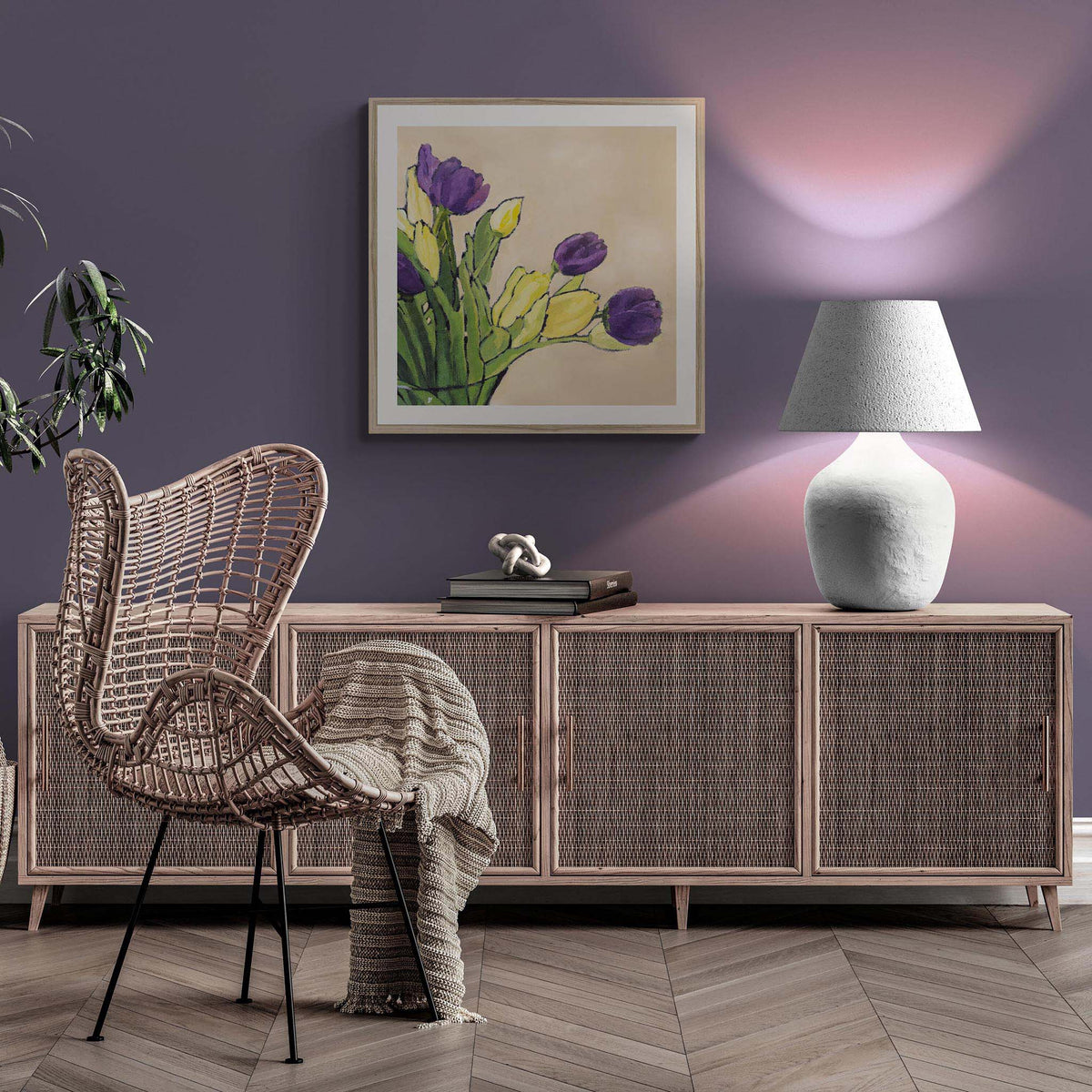 Purple & Yellow Tulips Fine Art Print | Styled in Moody Violet Living Room with Rattan Wingback Chair, Woven Cane-Front Credenza, Textured Ceramic Table Lamp and Herringbone Parquet Floor