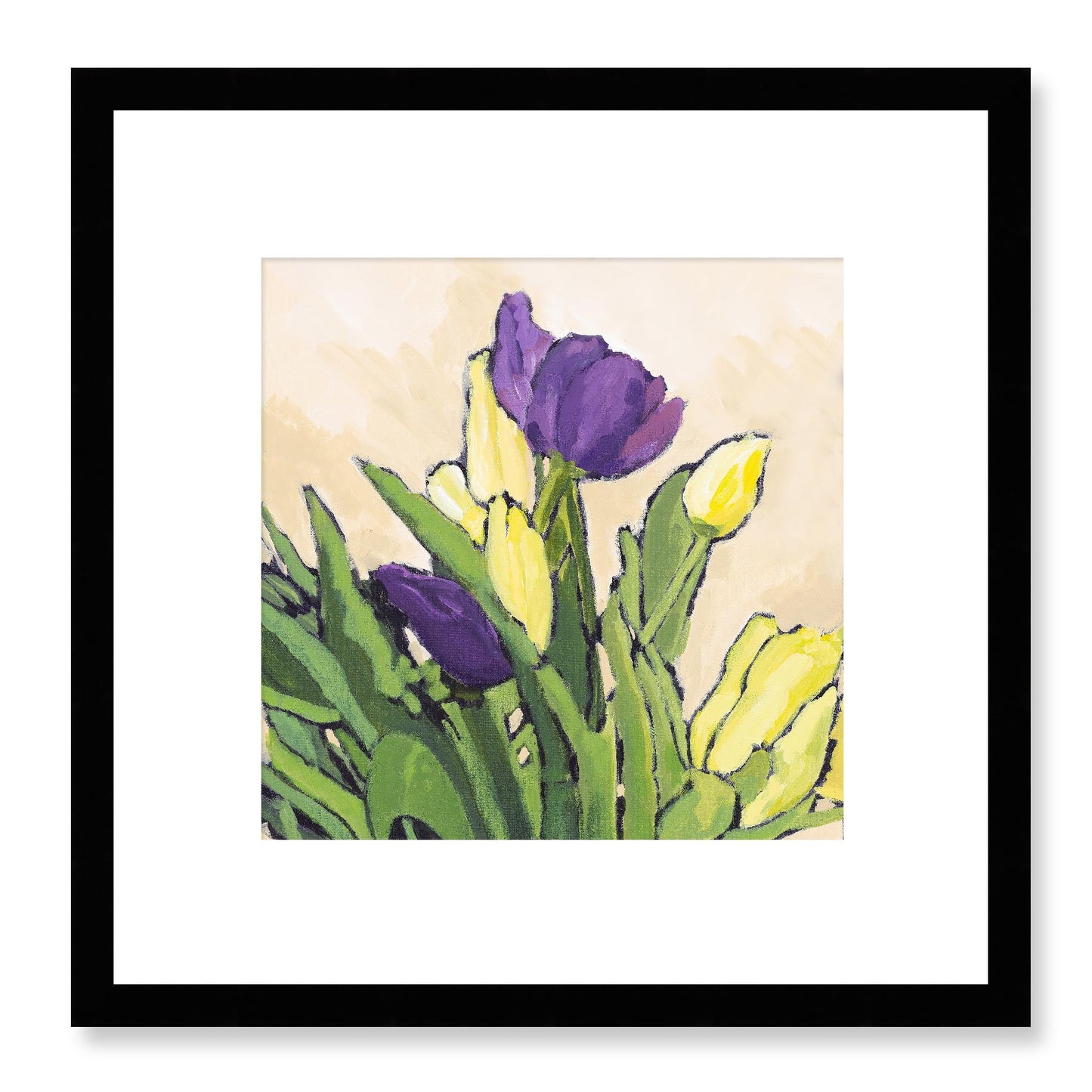 Framed Fine Art Print, White Mat - 12x12 16x16 20x20 24x24 28x28 32x32 36x36 40x40 inches | Purple & Yellow Tulips in Acrylic, FPS-1060-002, Prints, Fine art, Black Frame, 30 x 30 cm ,12 x 12 inches