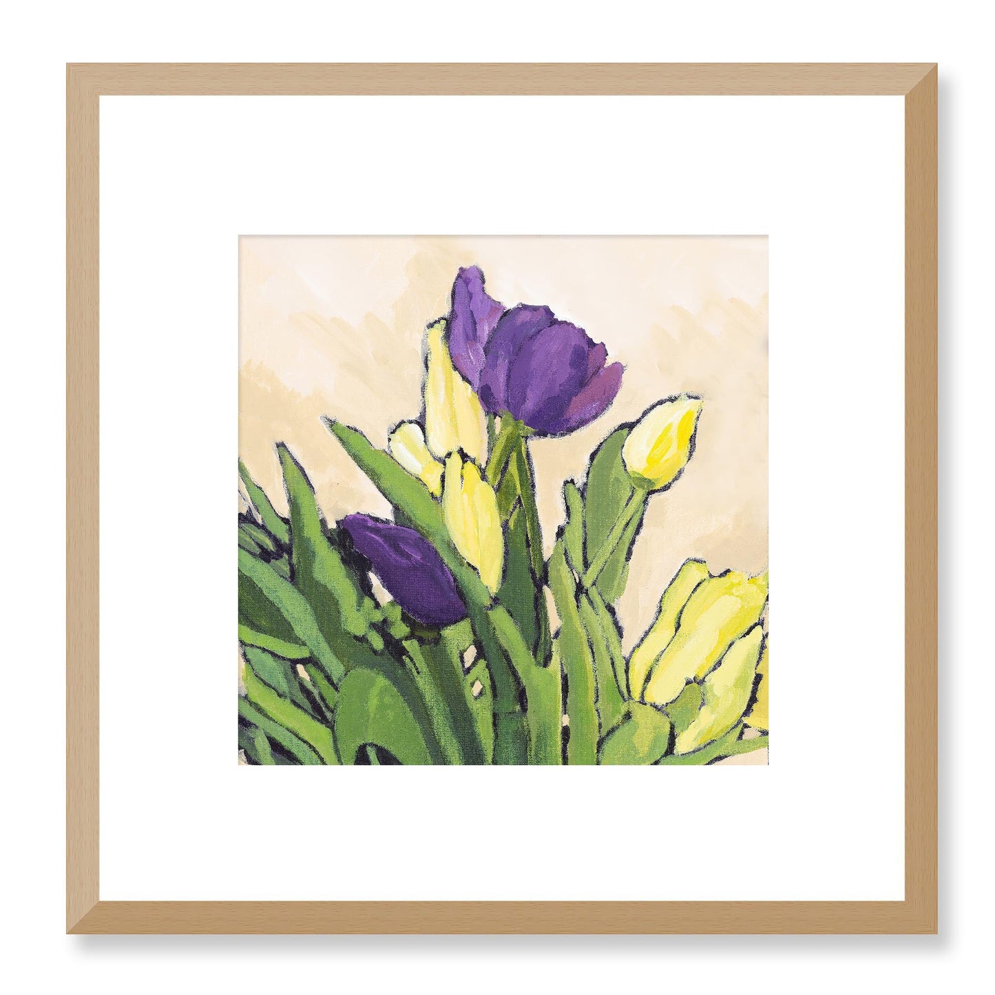 Framed Fine Art Print, White Mat - 12x12 16x16 20x20 24x24 28x28 32x32 36x36 40x40 inches | Purple & Yellow Tulips in Acrylic, FPS-1060-002, Prints, Fine art, Natural Frame, 30 x 30 cm ,12 x 12 inches