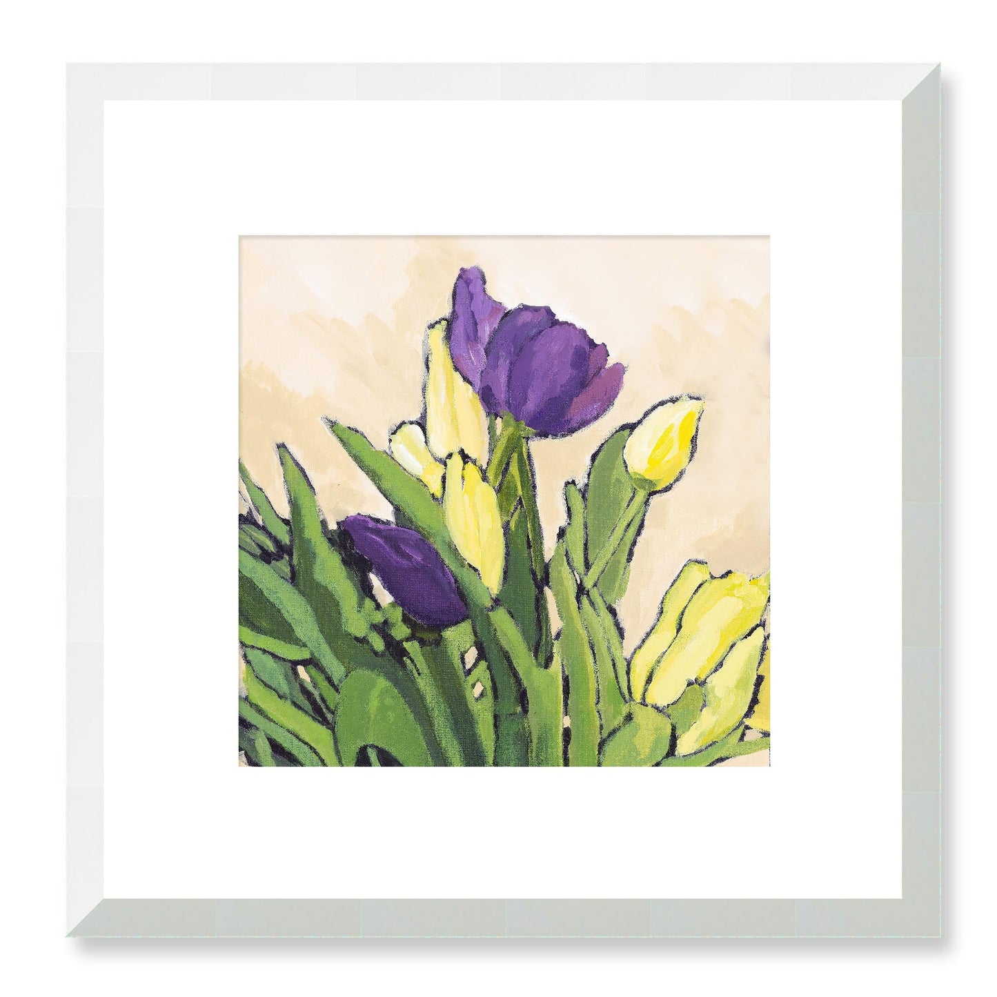 Framed Fine Art Print, White Mat - 12x12 16x16 20x20 24x24 28x28 32x32 36x36 40x40 inches | Purple & Yellow Tulips in Acrylic, FPS-1060-002, Prints, Fine art, White Frame, 30 x 30 cm ,12 x 12 inches