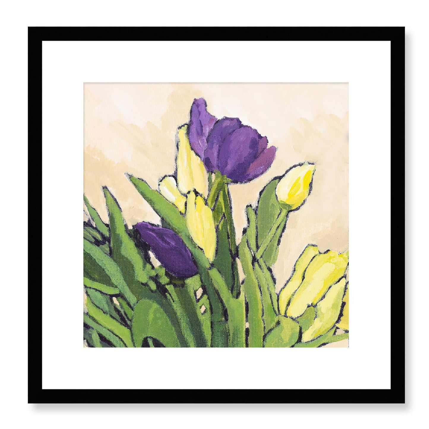 Framed Fine Art Print, White Mat - 12x12 16x16 20x20 24x24 28x28 32x32 36x36 40x40 inches | Purple & Yellow Tulips in Acrylic, FPS-1060-002, Prints, Fine art, Black Frame, 41 x 41 cm ,16 x 16 inches