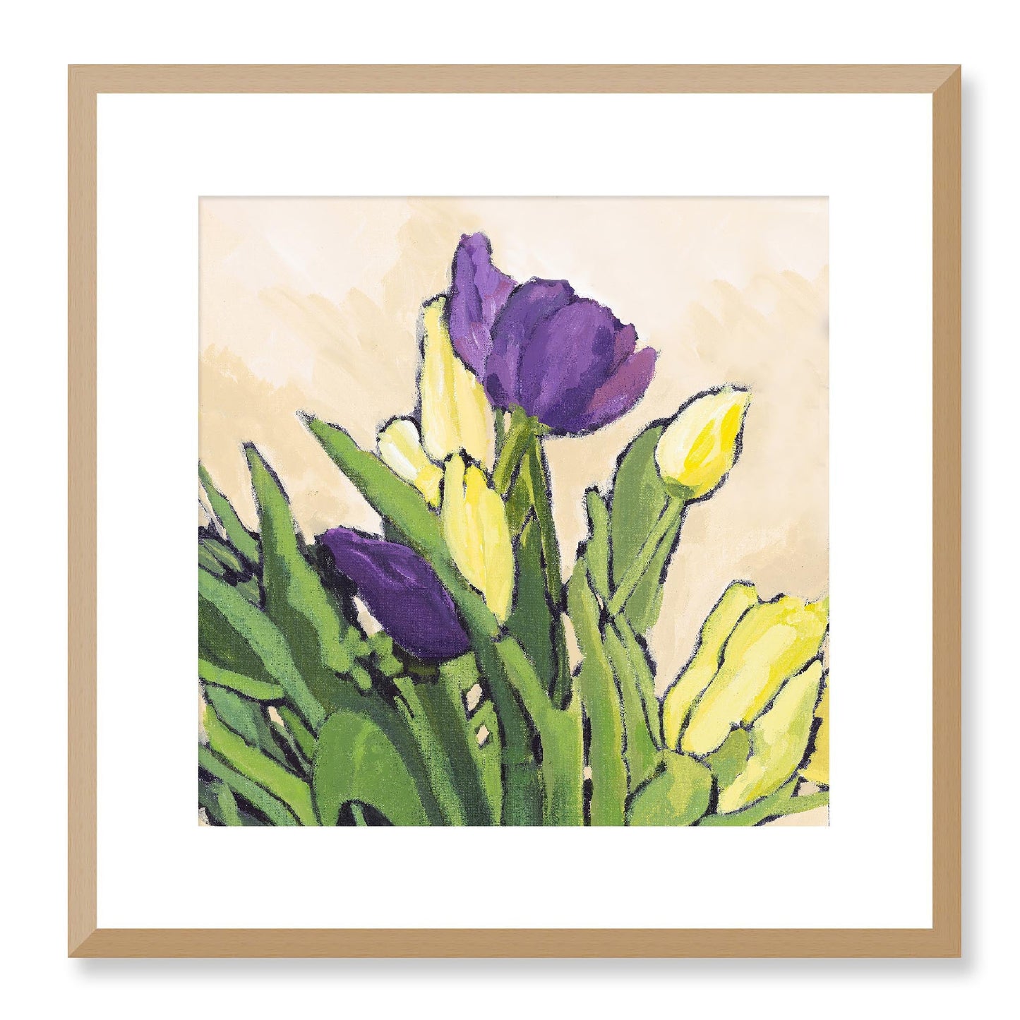 Framed Fine Art Print, White Mat - 12x12 16x16 20x20 24x24 28x28 32x32 36x36 40x40 inches | Purple & Yellow Tulips in Acrylic, FPS-1060-002, Prints, Fine art, Natural Frame, 41 x 41 cm ,16 x 16 inches